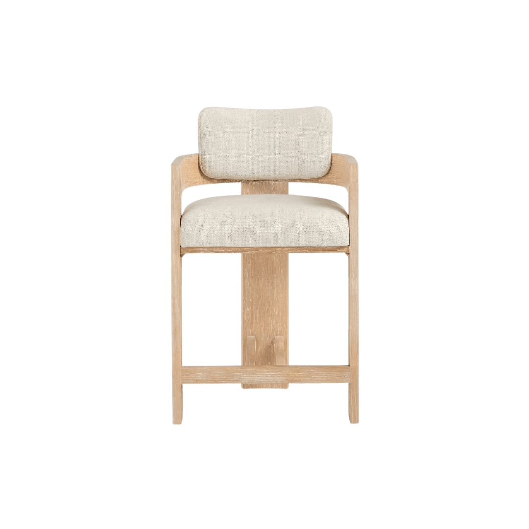 Wooden chair with light beige cushioned seat and back, rounded armrests, in a modern design.