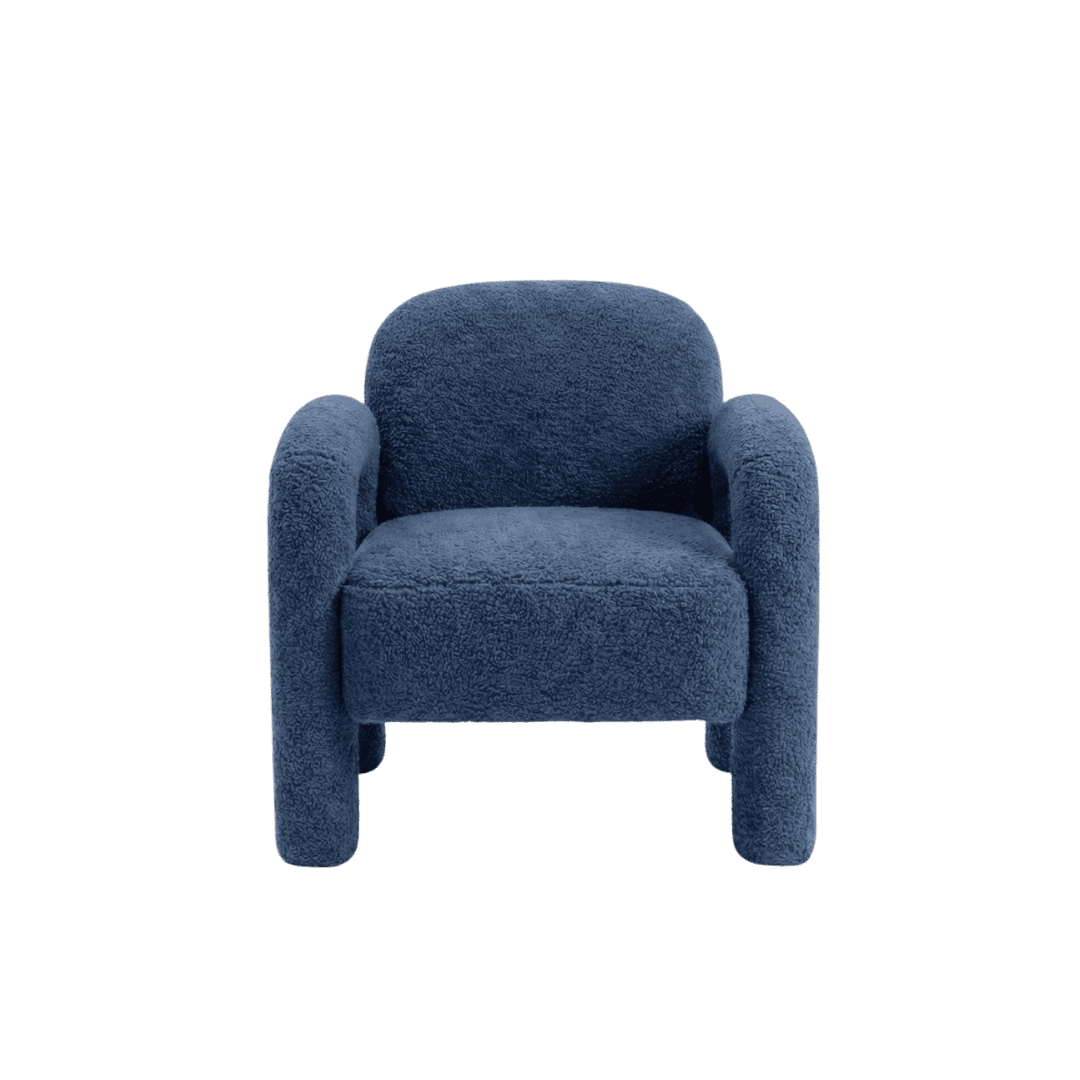 Blue boucle armchair with rounded back, thick padded arms, and a soft textured upholstery.
