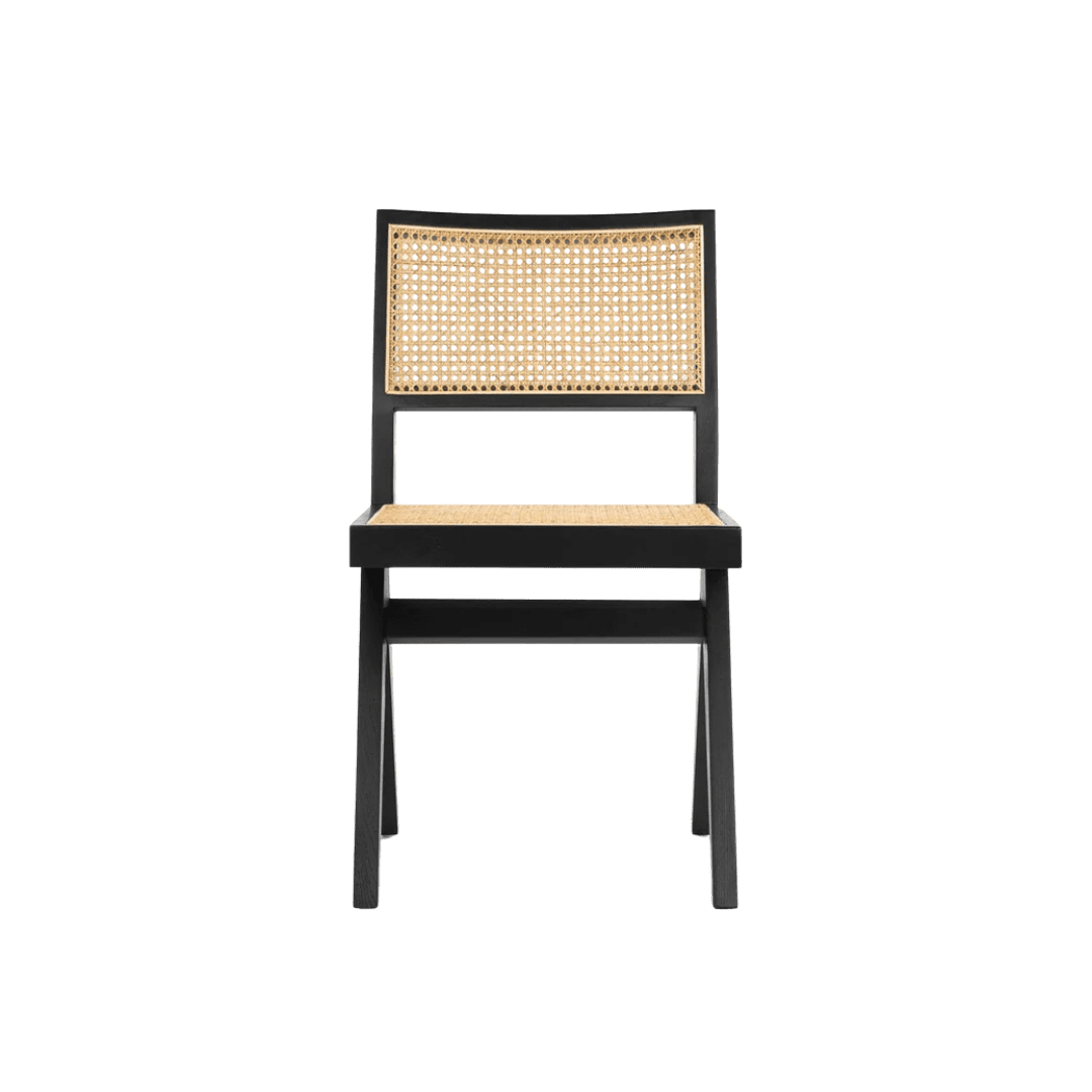 Black wooden chair with a woven cane seat and back panel