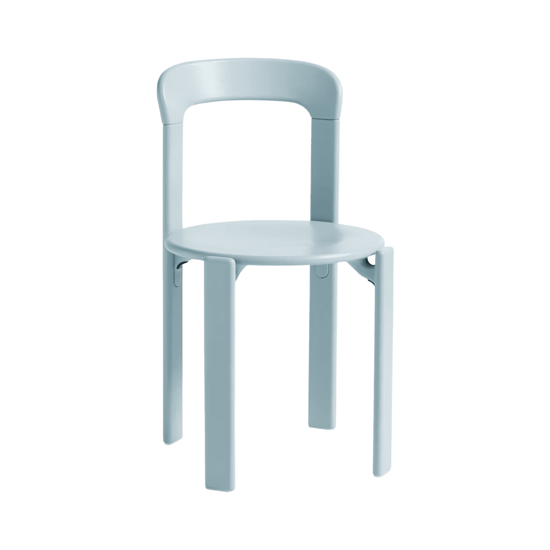Pale blue plastic chair with a rounded back and four legs.