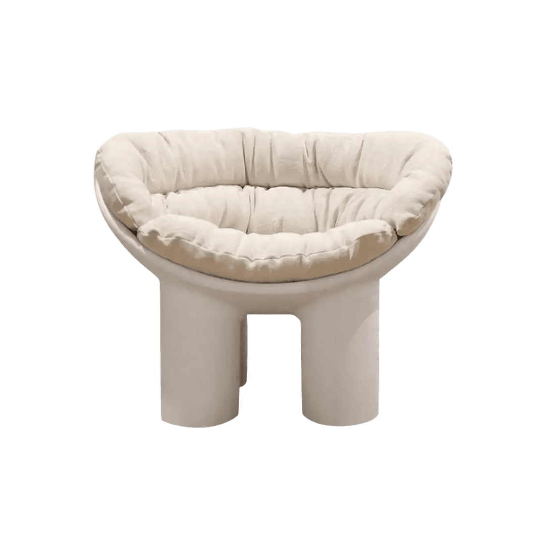 Beige round, cushioned lounge chair with a curved pedestal-style base.