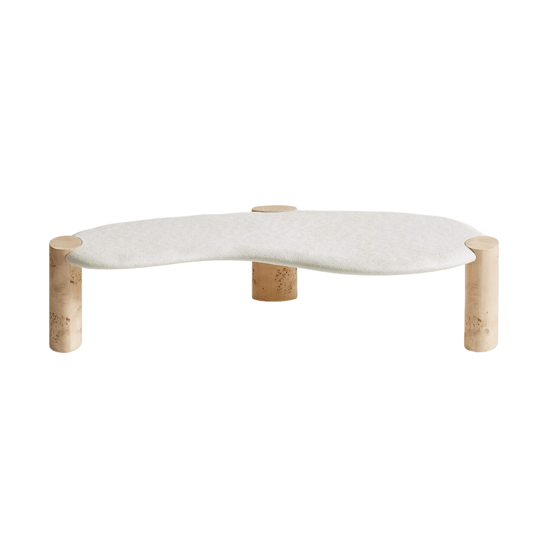 Curved white cat lounge supported by three natural wood posts.