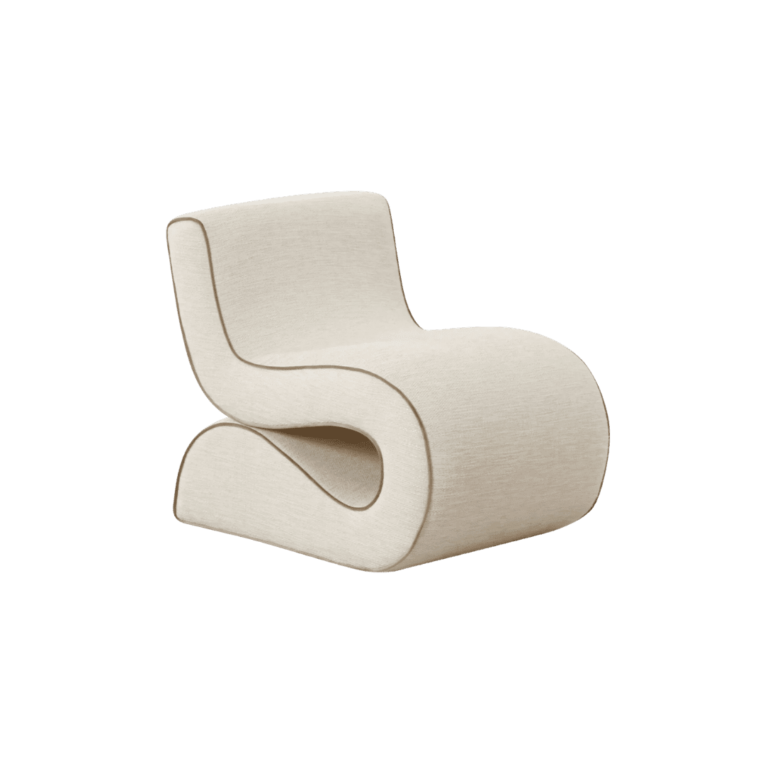 Beige sculptural lounge chair with continuous curved form and soft fabric finish (modern accent piece).Unlike a traditional chair, it features flowing ribbons in a neutral tone.