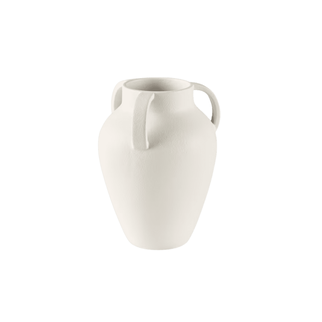 White ceramic vase with two handles and a narrow neck.
