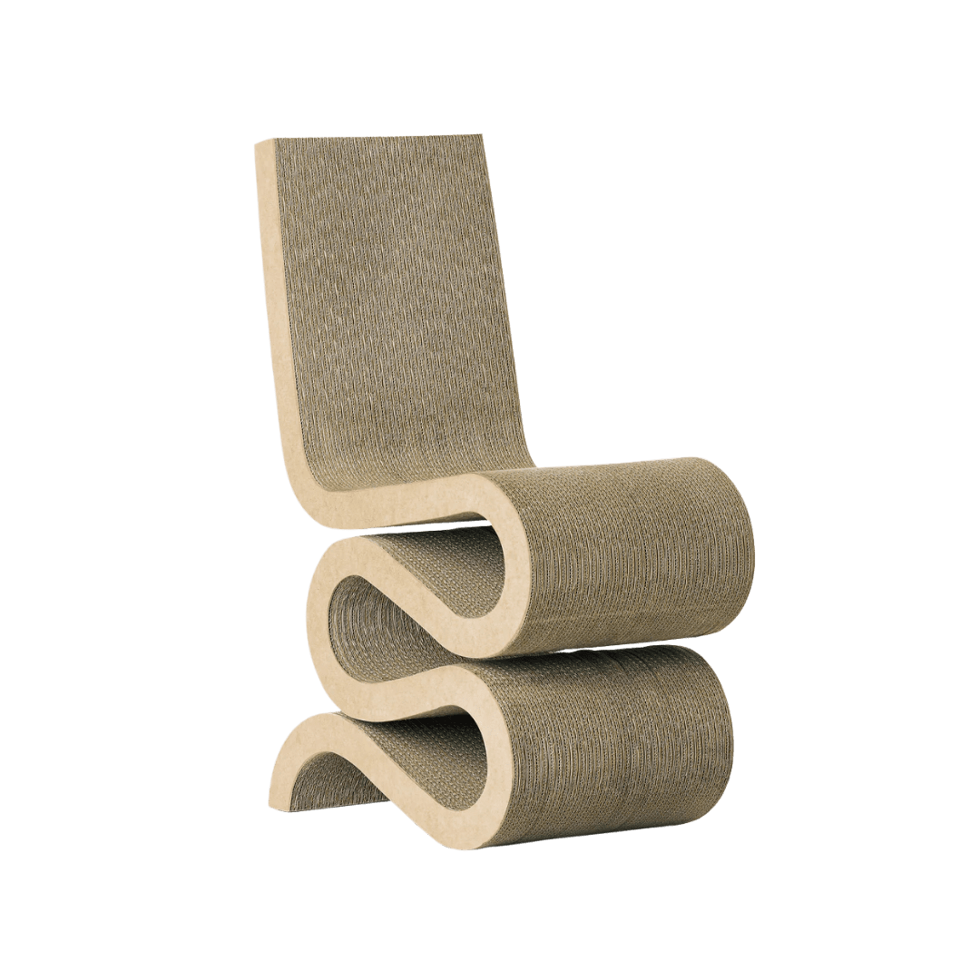 A modern chair made from layered cardboard, sculpted into a wavy, looped form with a smooth beige surface on a green background