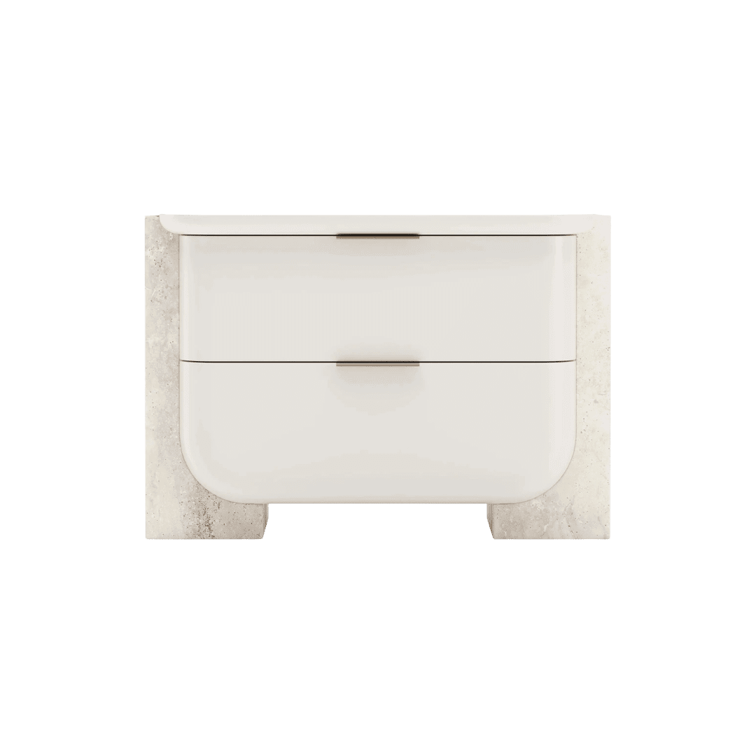 Modern white two-drawer bathroom vanity with stone-toned legs on each side