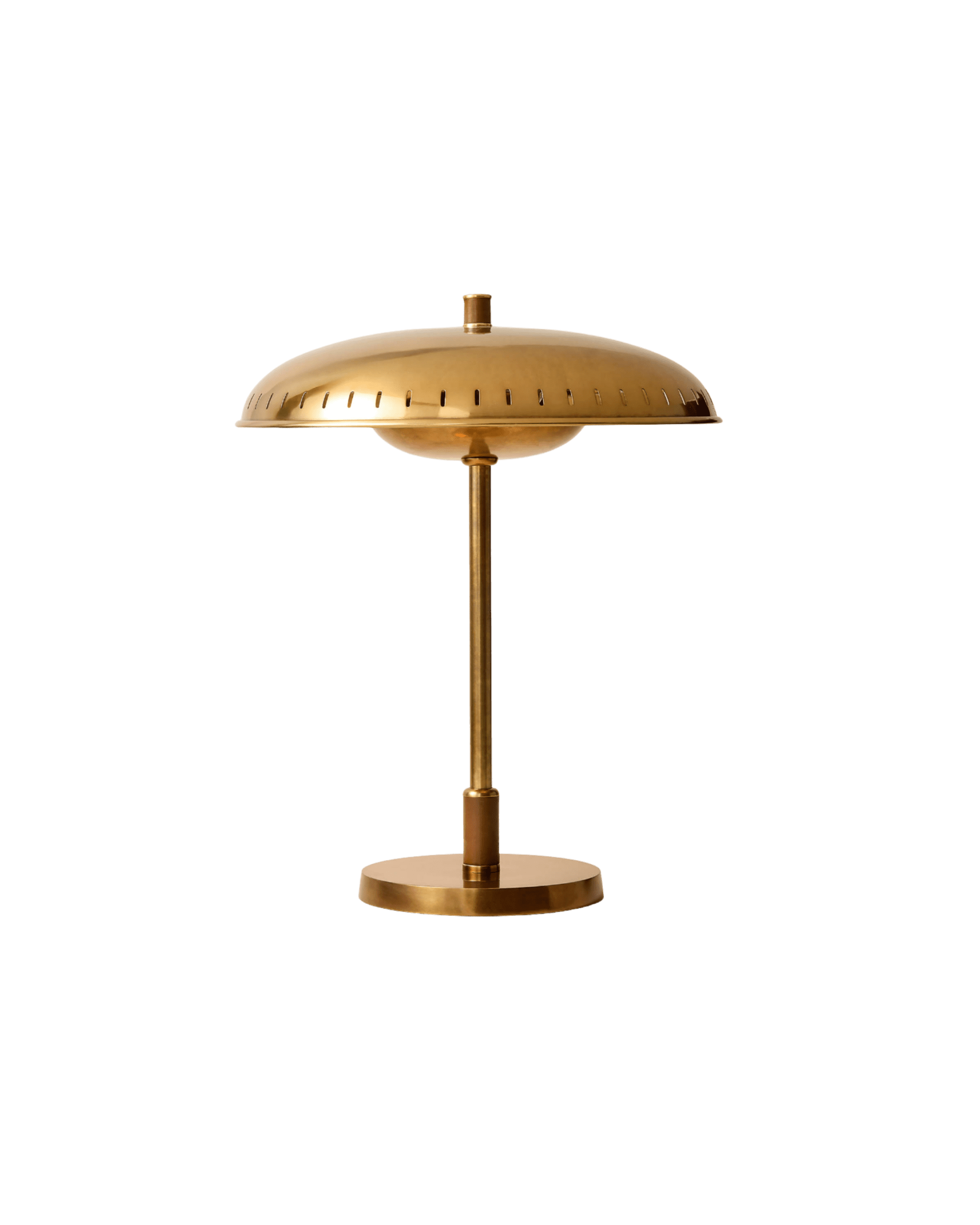 Gold vintage table lamp with a domed shade and round base against a black background.