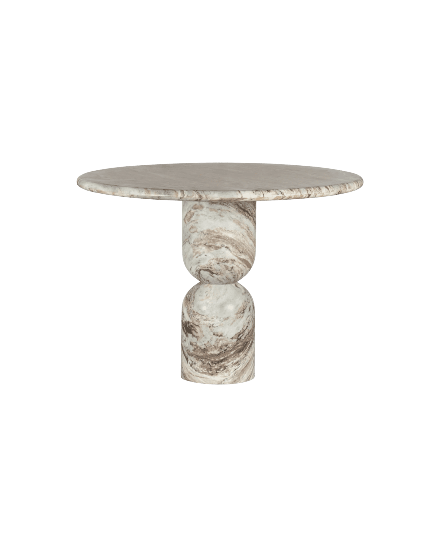 Round marble table top with beige-brown veining on a matching pedestal base against a black background, viewed from the side.