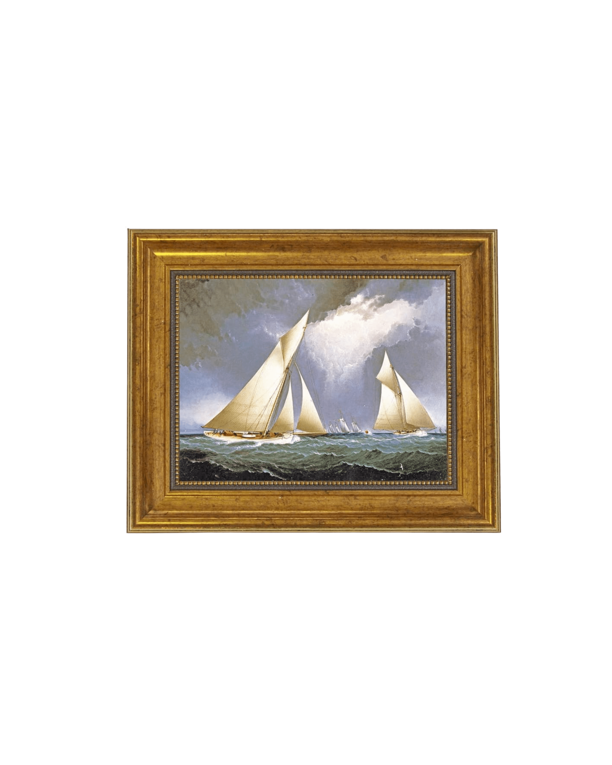 Gold ornate frame surrounding a sailing ship painting shown against a black background, focusing on the lower portion of the frame and seascape.