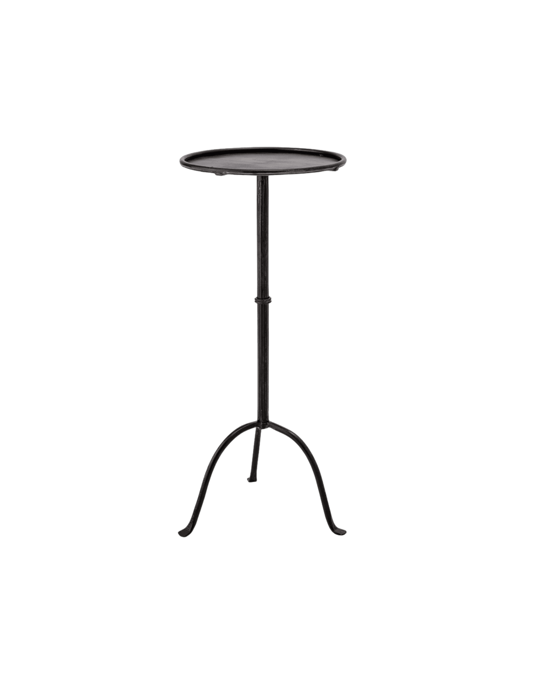 Round black metal pedestal table with a circular top on a four-legged base, isolated on a black background.