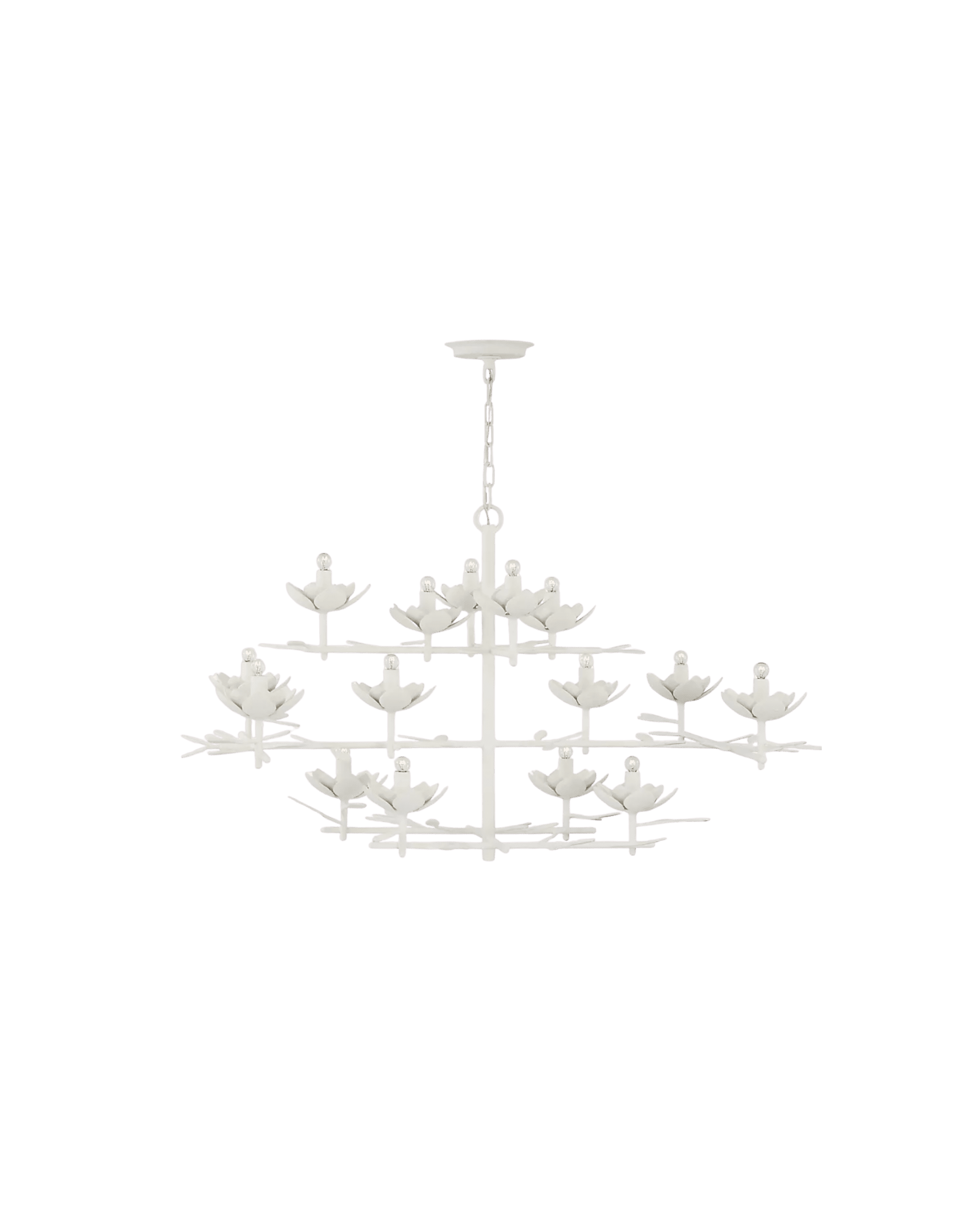 White multi-tier chandelier with many flower-shaped light holders and hanging ornaments against a black background