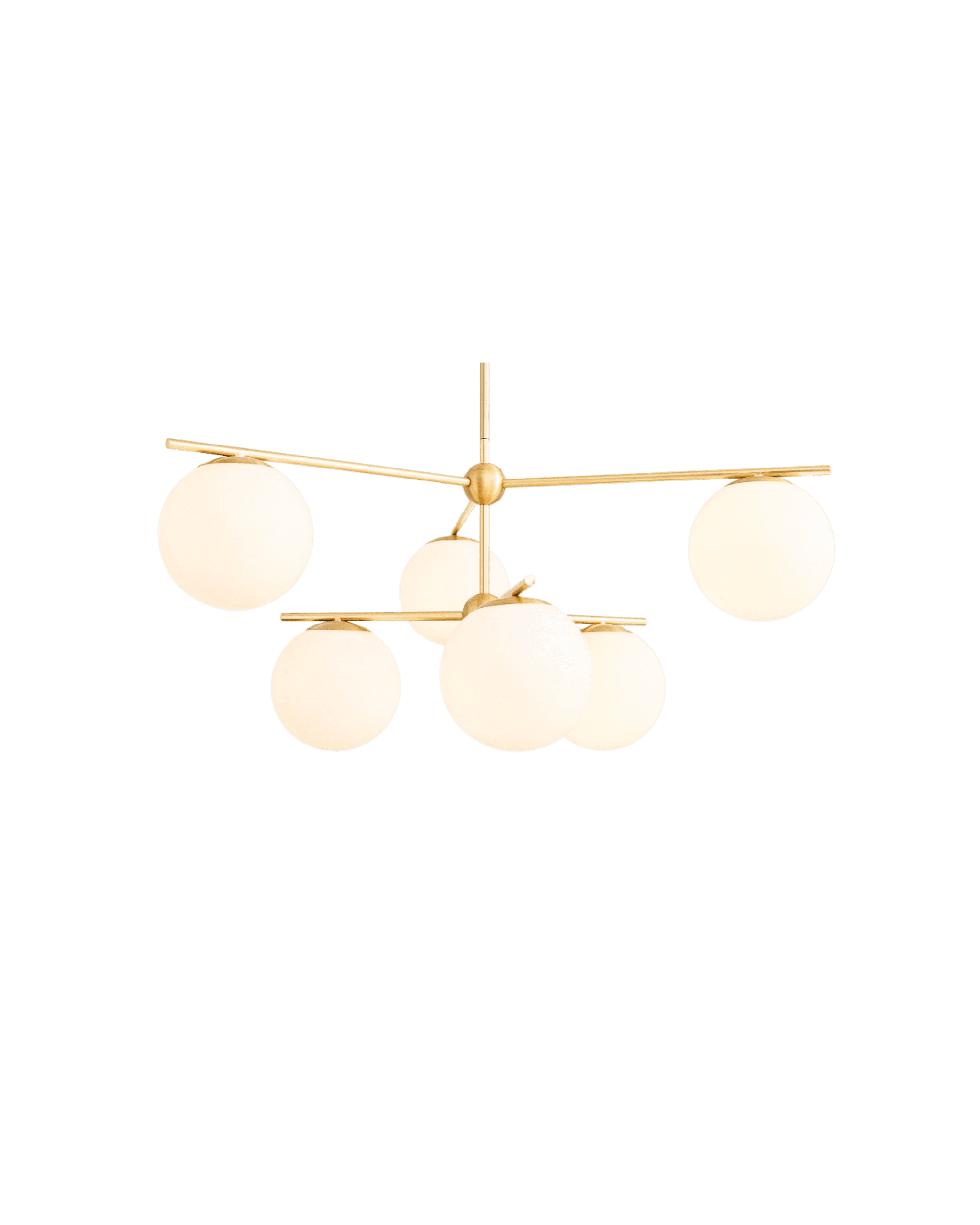 Gold modern chandelier with a central rod and multiple spherical frosted glass globes. The fixture has a warm, brass finish.