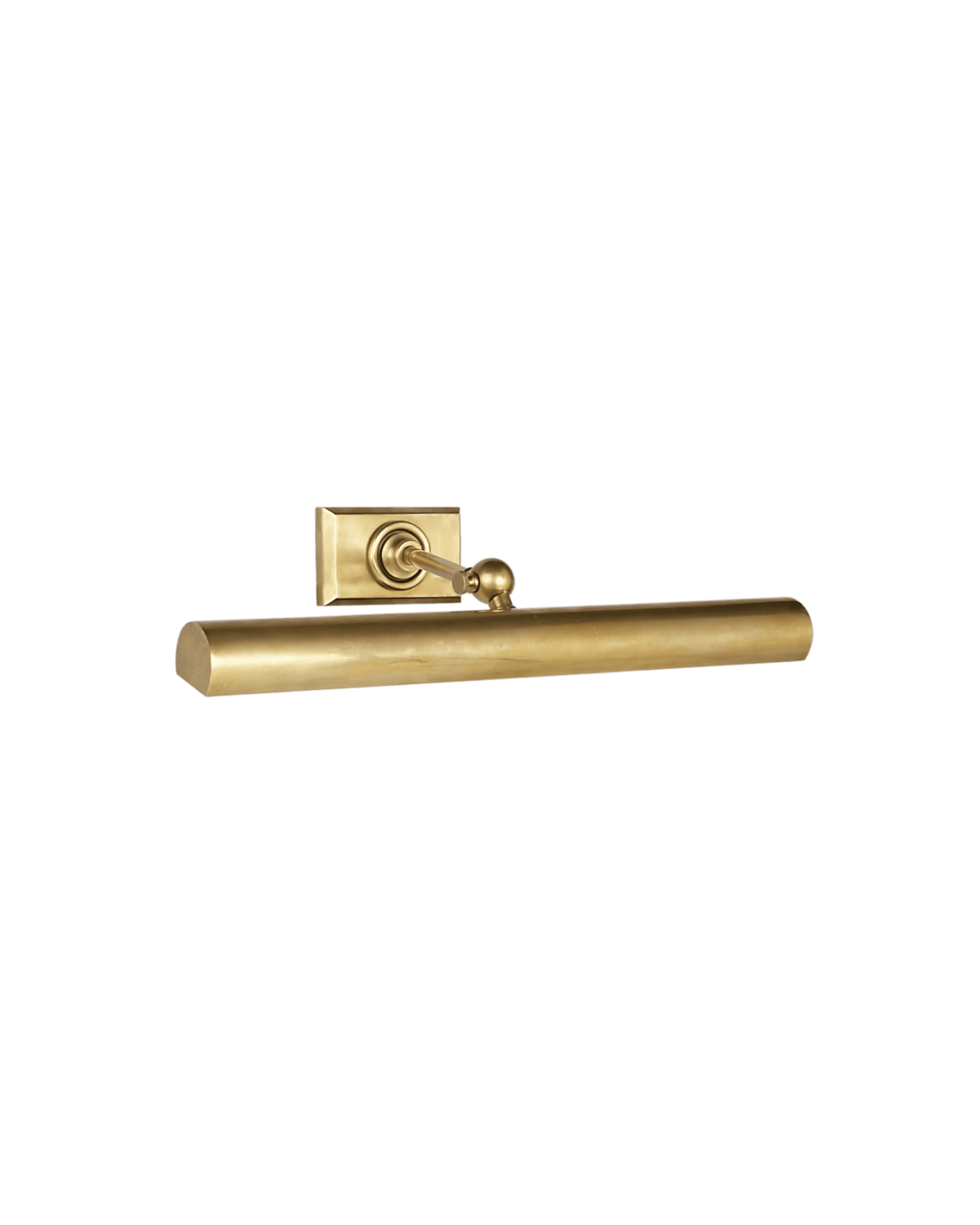 Brass wall-mounted light fixture with a long cylindrical gold shade and square backplate, set against a black background.