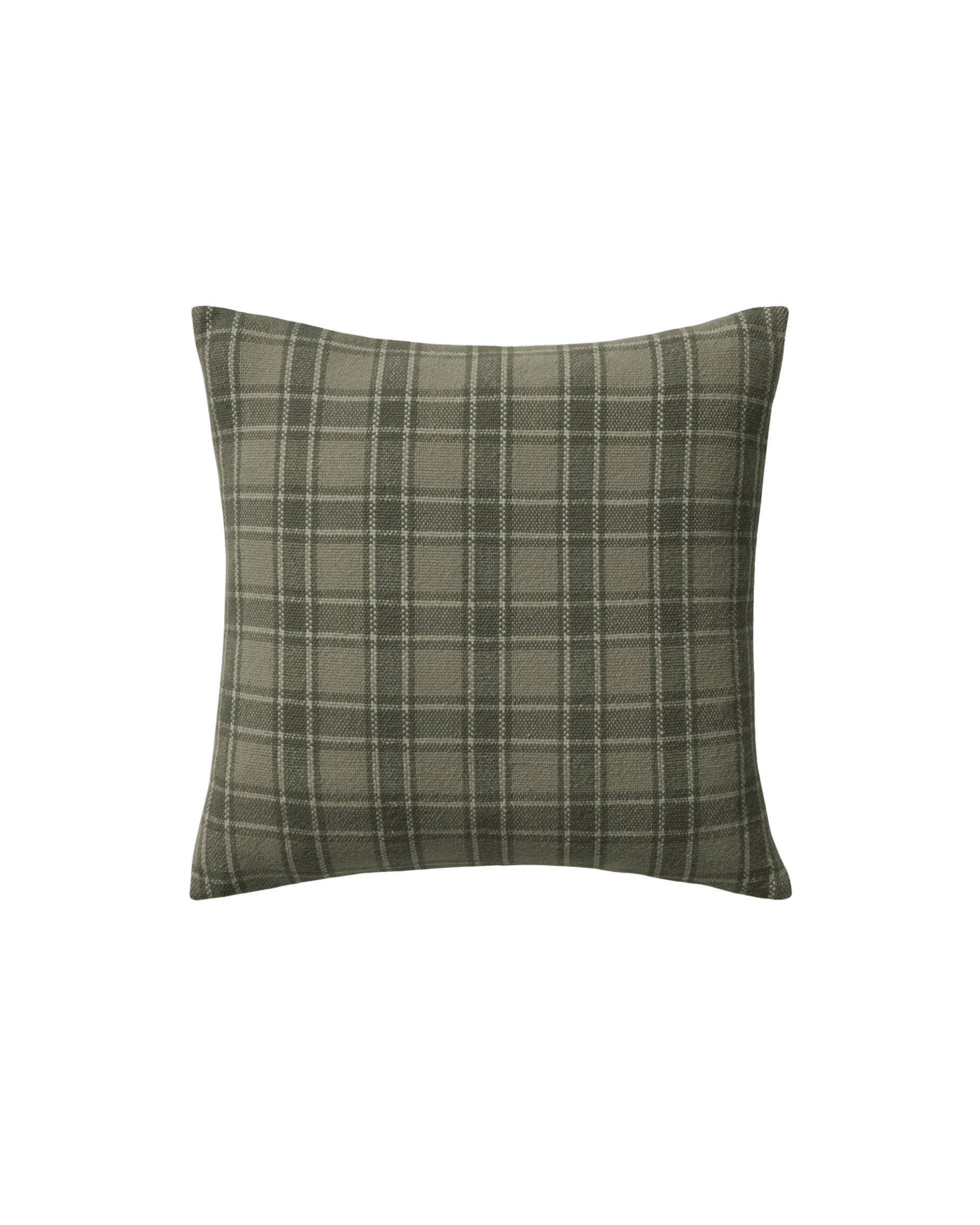 Olive-green plaid square cushion photographed against a black background.