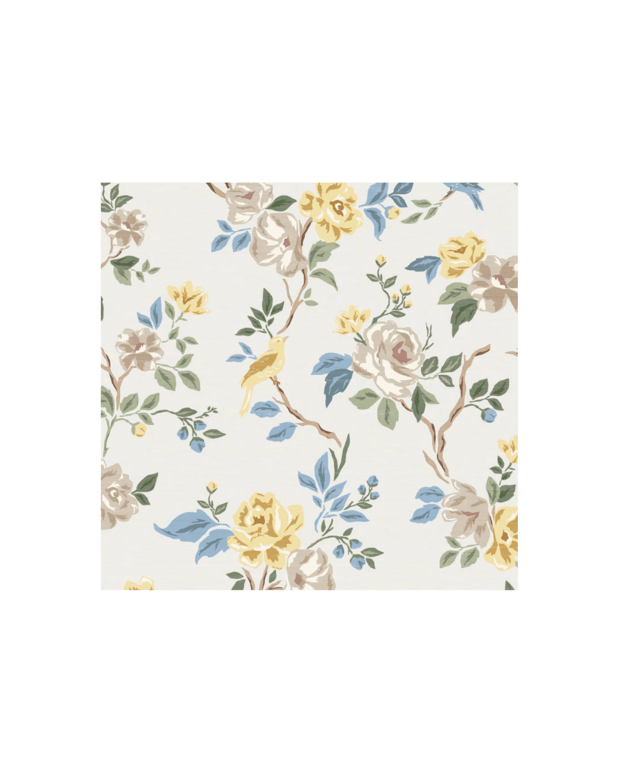 Decorative floral wallpaper pattern with yellow roses, beige blossoms, green and blue leaves, on a cream background with small yellow birds perched on branches