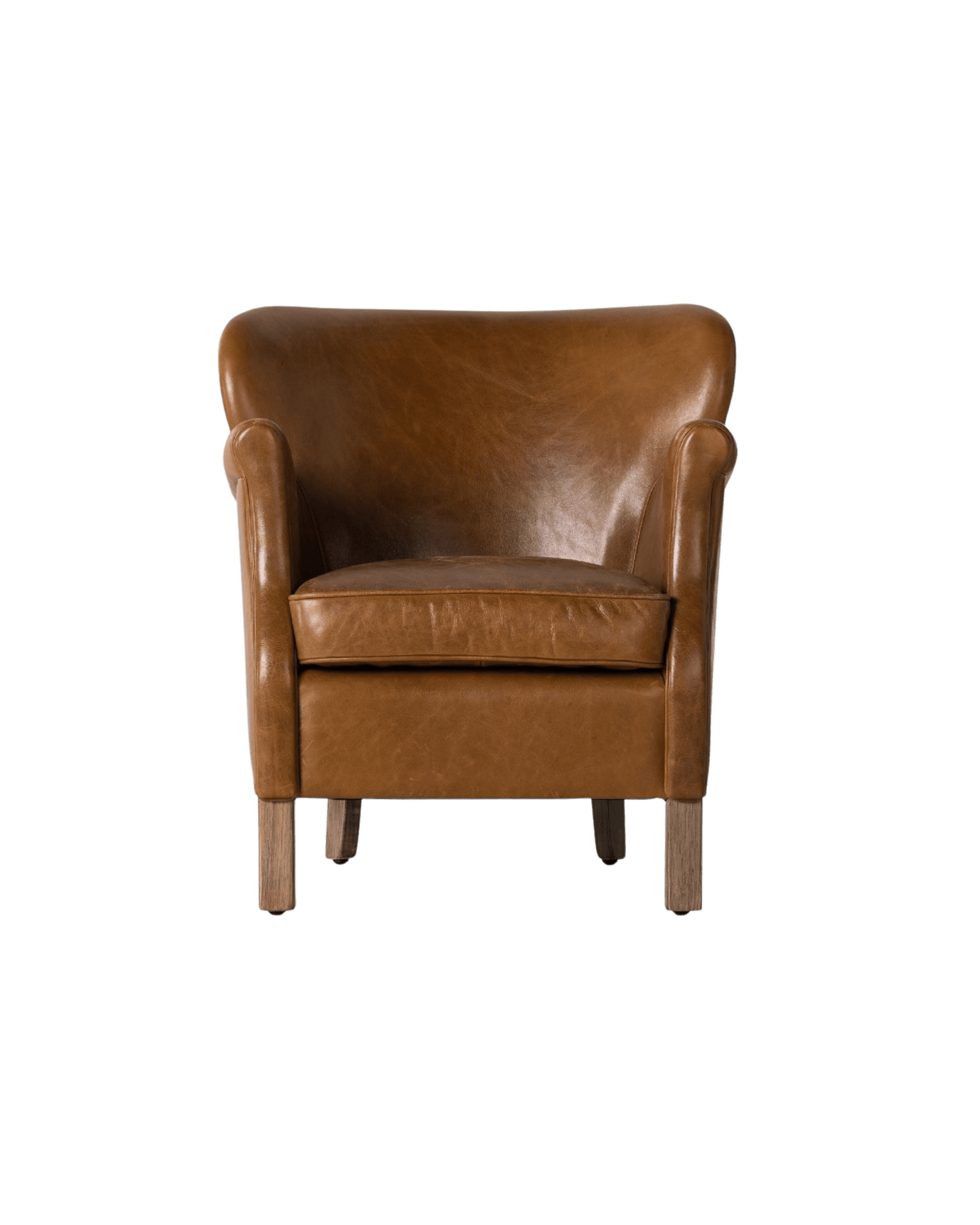 Brown leather armchair viewed from the front, showing rounded armrests and wooden legs against a black background.