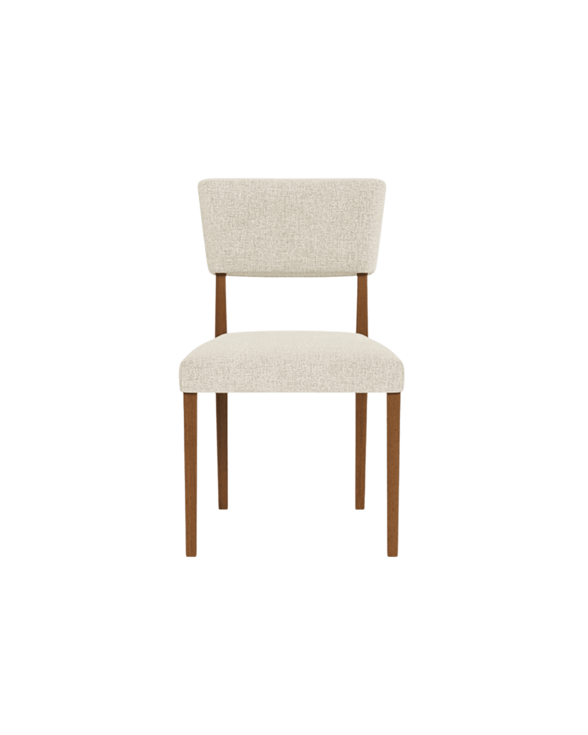 Beige upholstered chair with a curved backrest and wooden legs, viewed from the back against a black background.