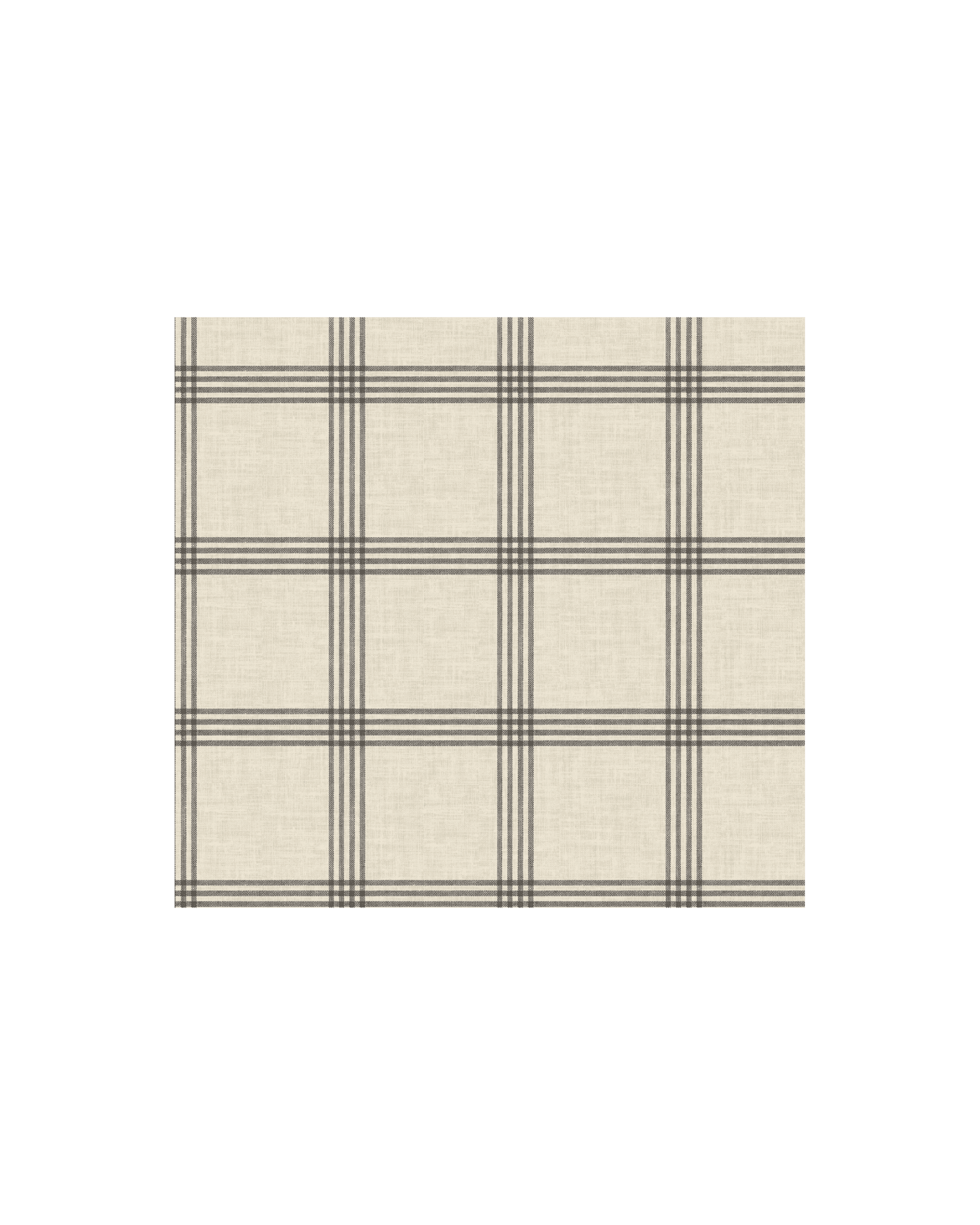 Beige woven plaid fabric with bold dark gray stripes forming large checker patterns against a black background.