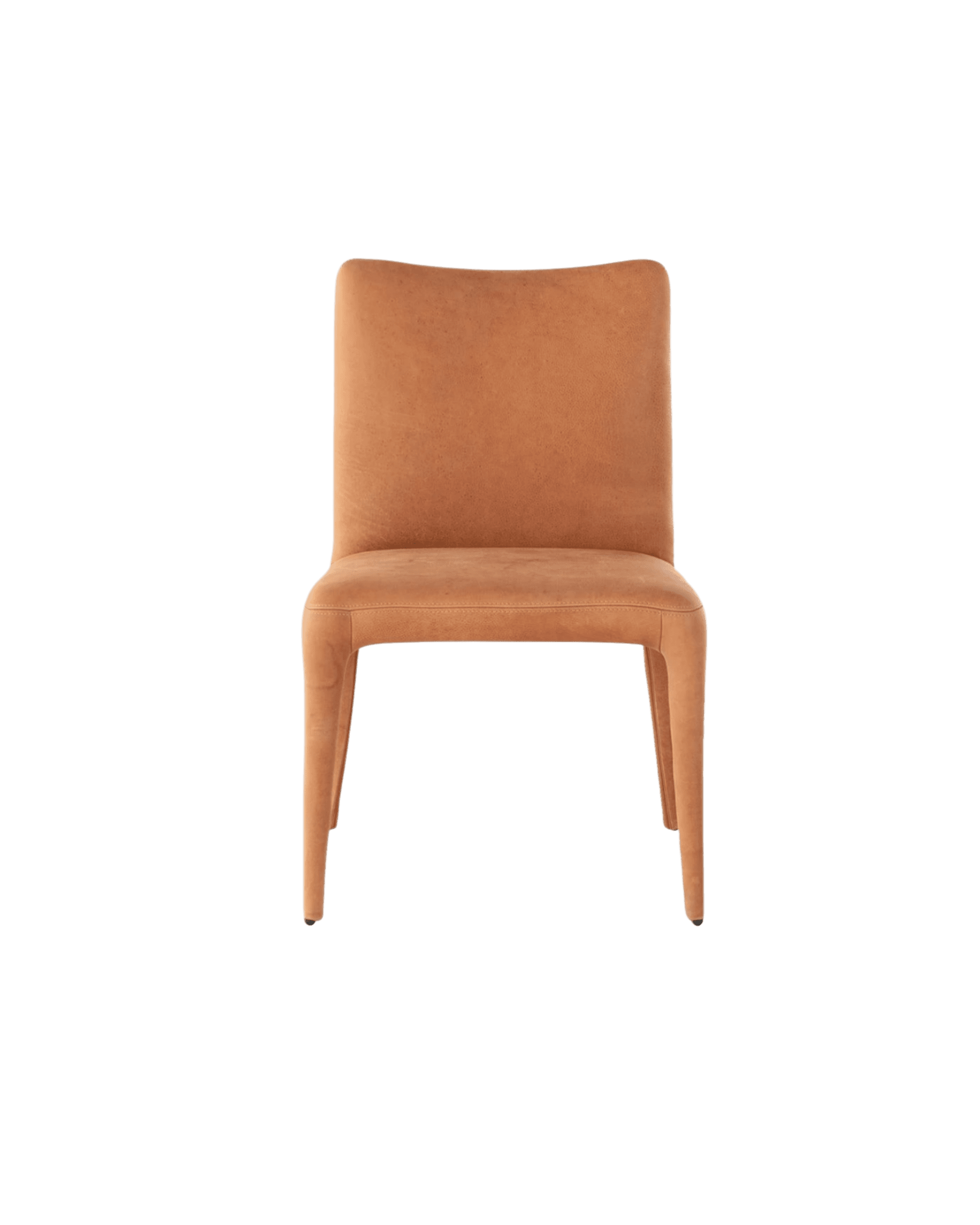 Brown leather upholstered chair with a curved backrest and four wooden legs, set against a black background.