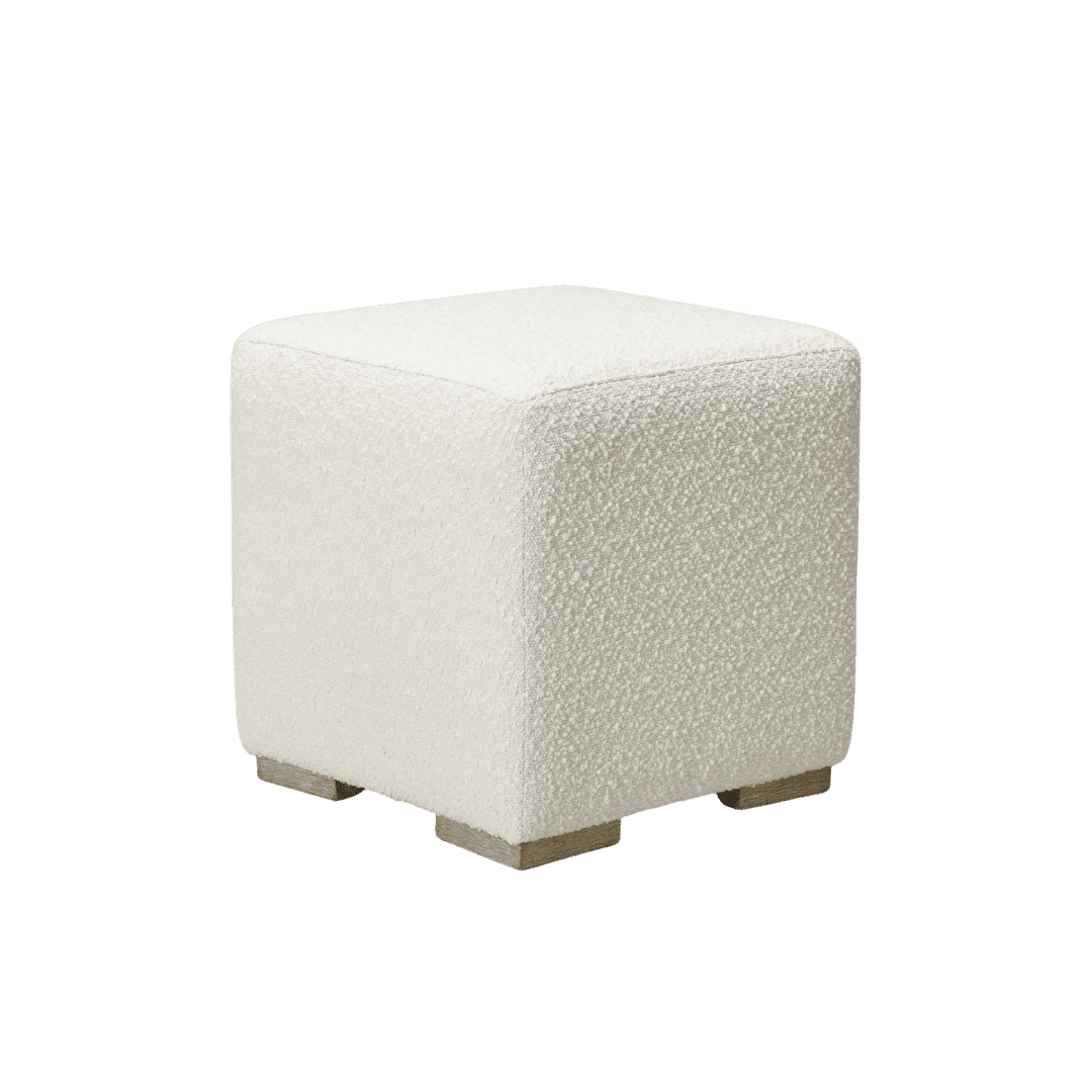 White textured fabric cube ottoman with short wooden legs