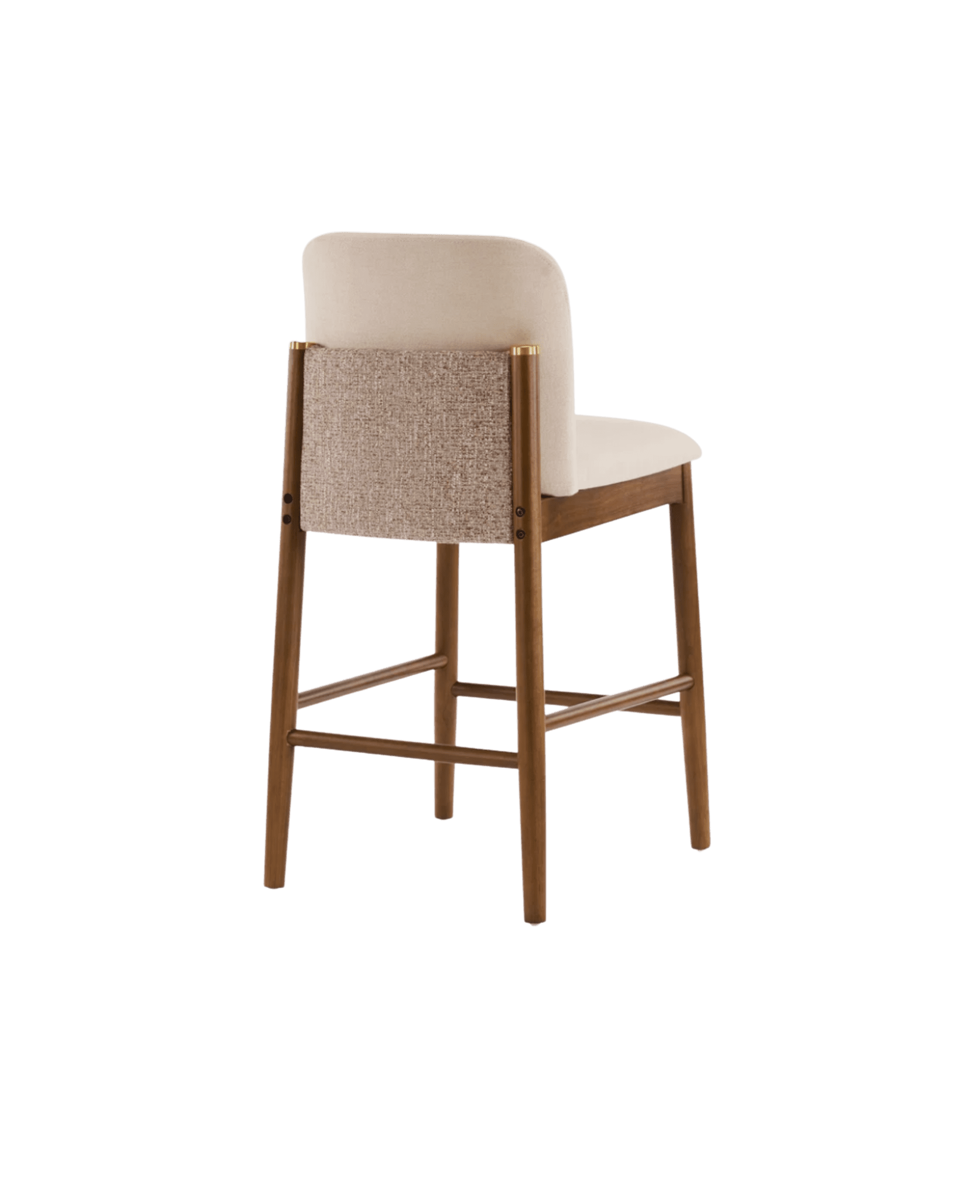 Back view of a tall wooden chair with beige upholstered back and seat; woven panel on the backrest