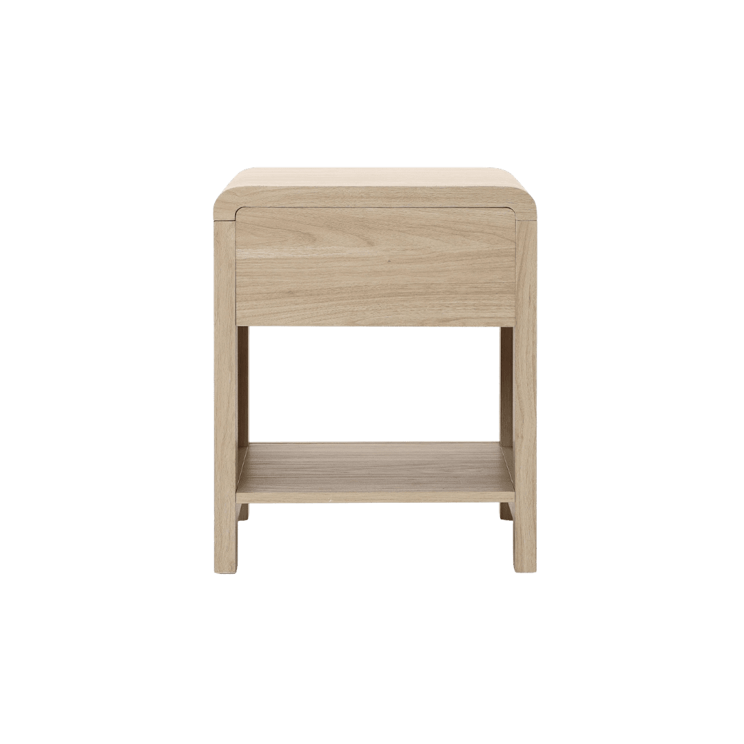 Light wood bedside table with a single front drawer and an open lower shelf, rounded top edges on a clean, minimalist design.
