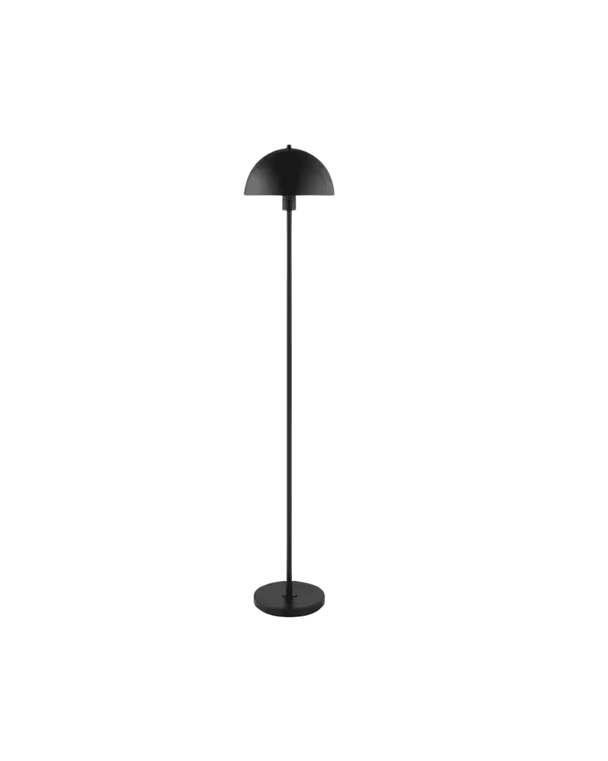 Black dome-shaped floor lamp on a slender stand with a round base against a black background.