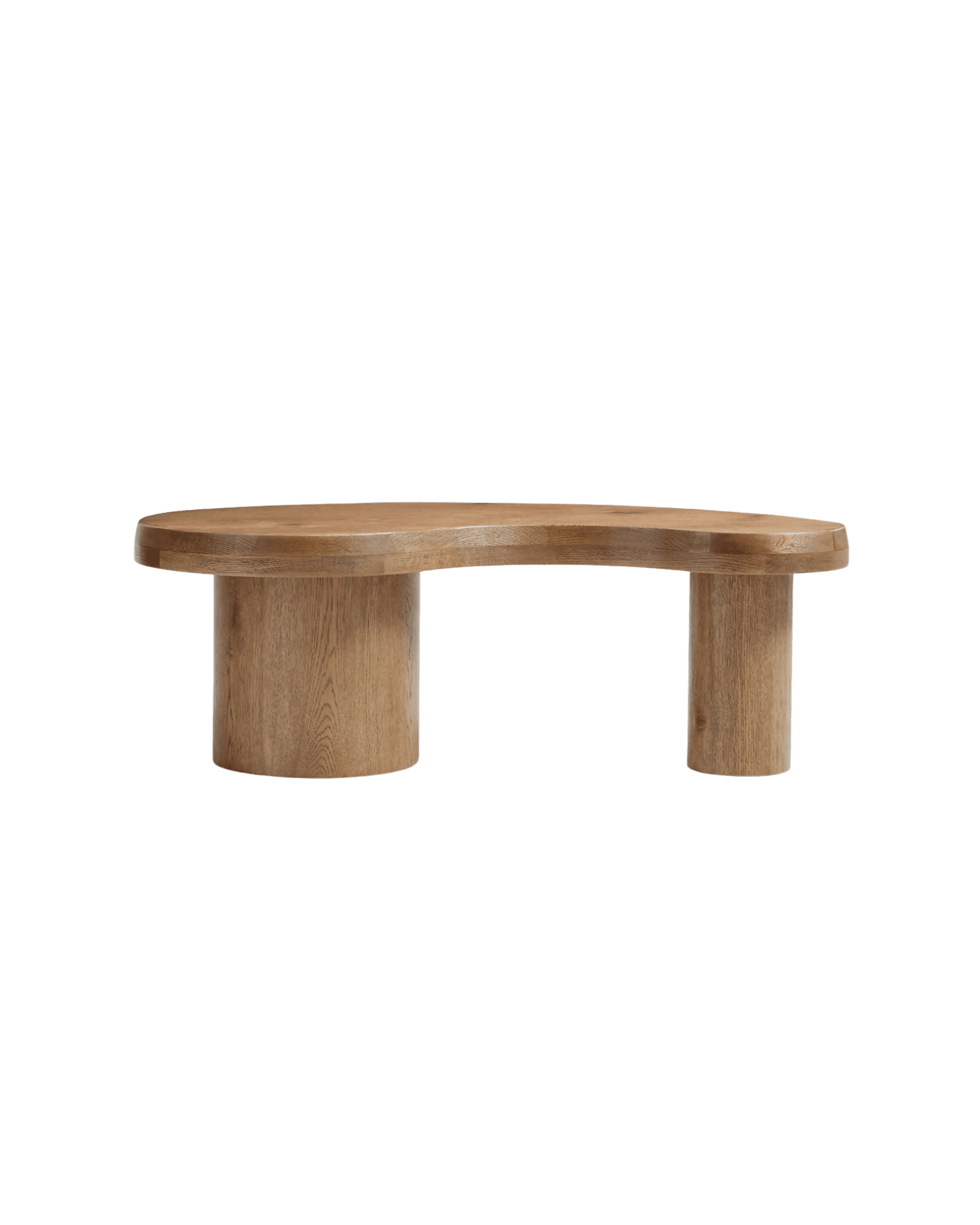 Partial view of a round wooden table top with visible grain, supported by two cylindrical legs against a black background.