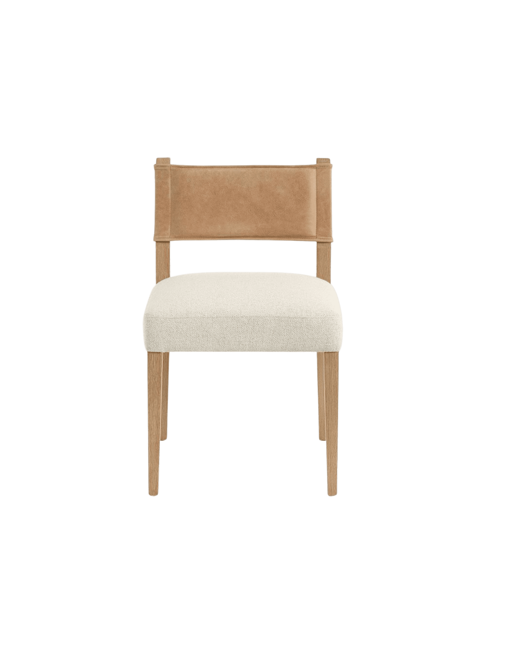Back view of a beige upholstered dining chair with a wooden frame and legs