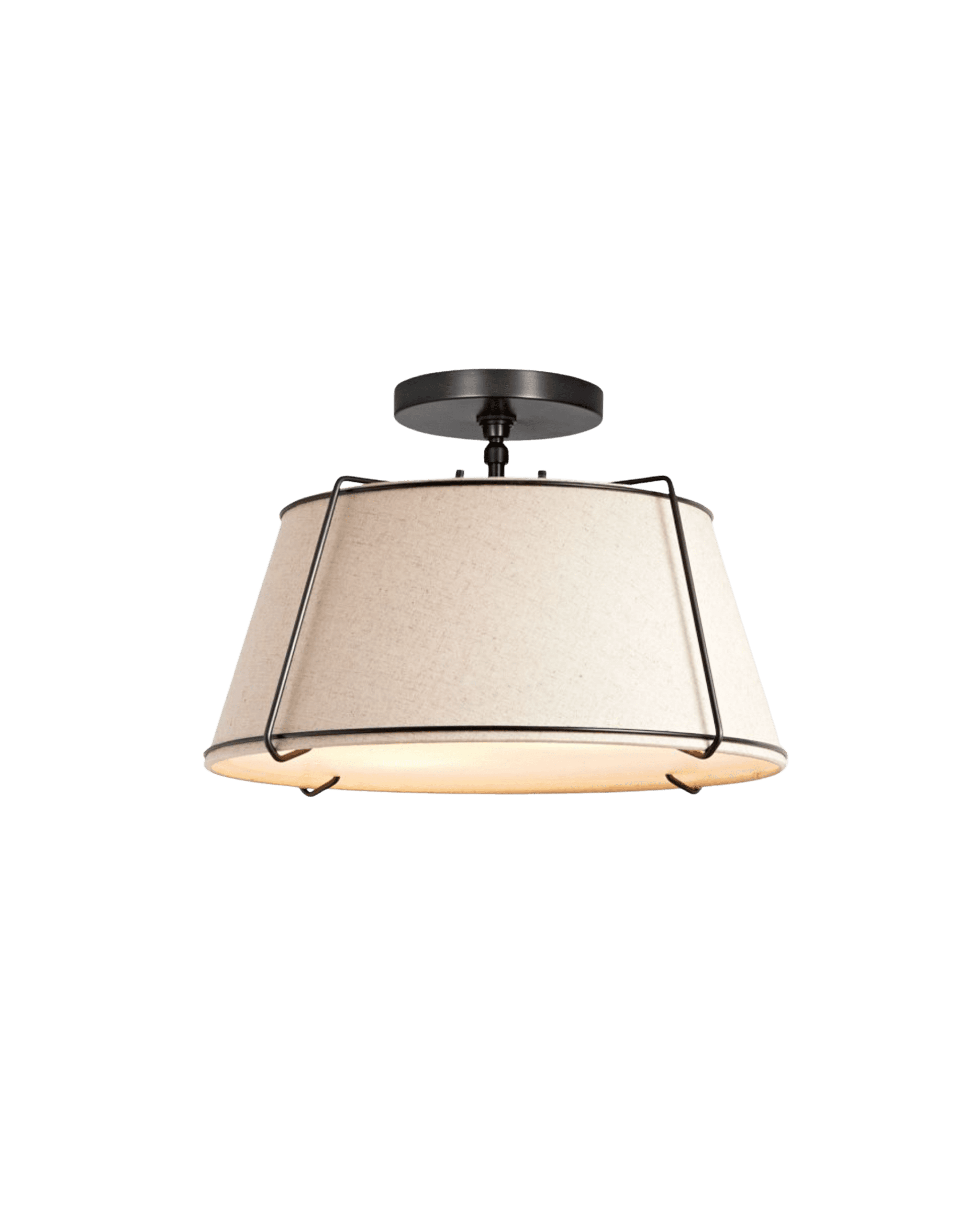 Ceiling pendant lamp with a beige fabric lampshade and a dark metal canopy against a black background