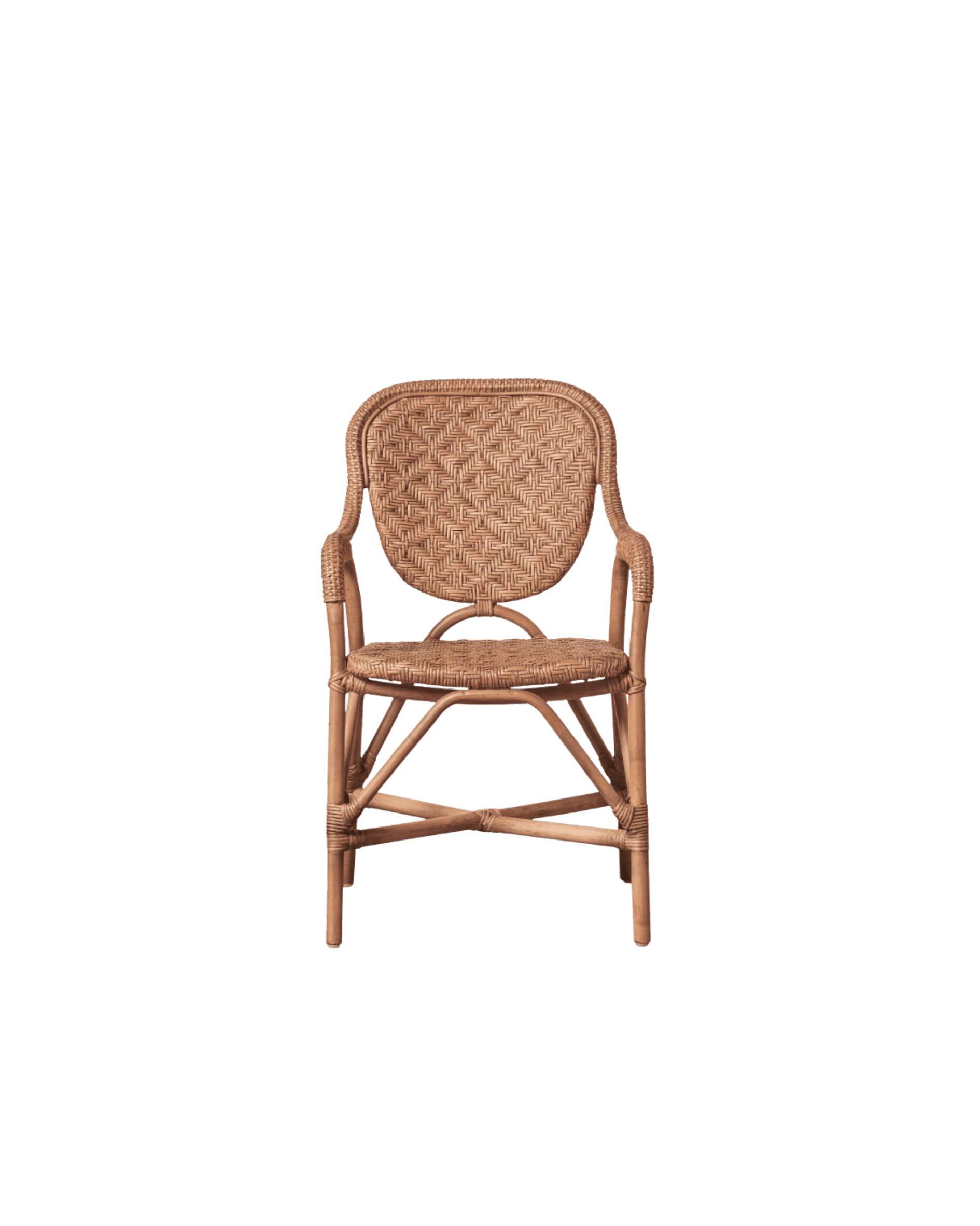 Front view of a brown wicker chair with a woven back and seat, curved arms, and a natural rattan finish against a black background.
