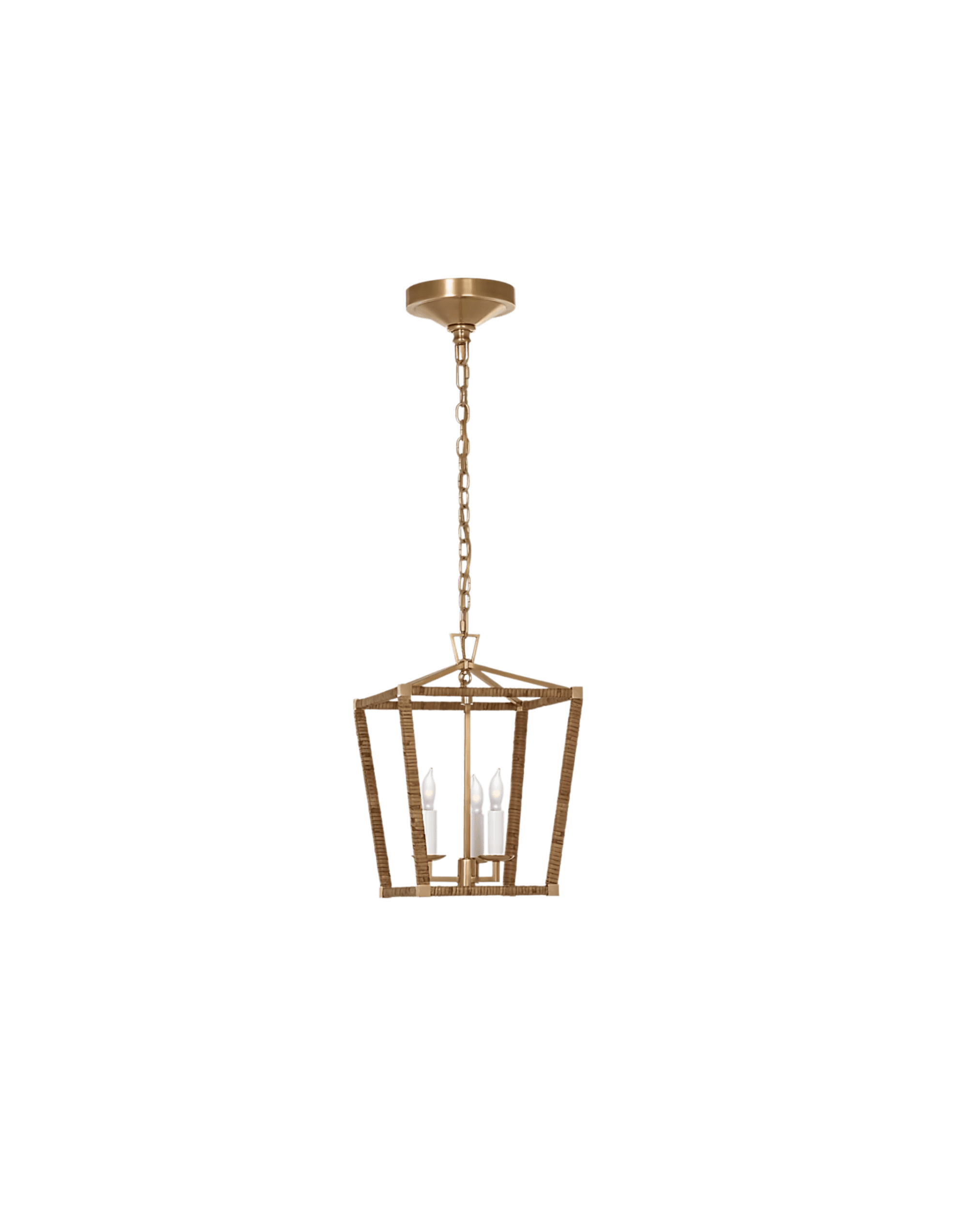Gold-tone hanging chandelier with four candle-shaped bulbs suspended by a brass chain against a black background.
