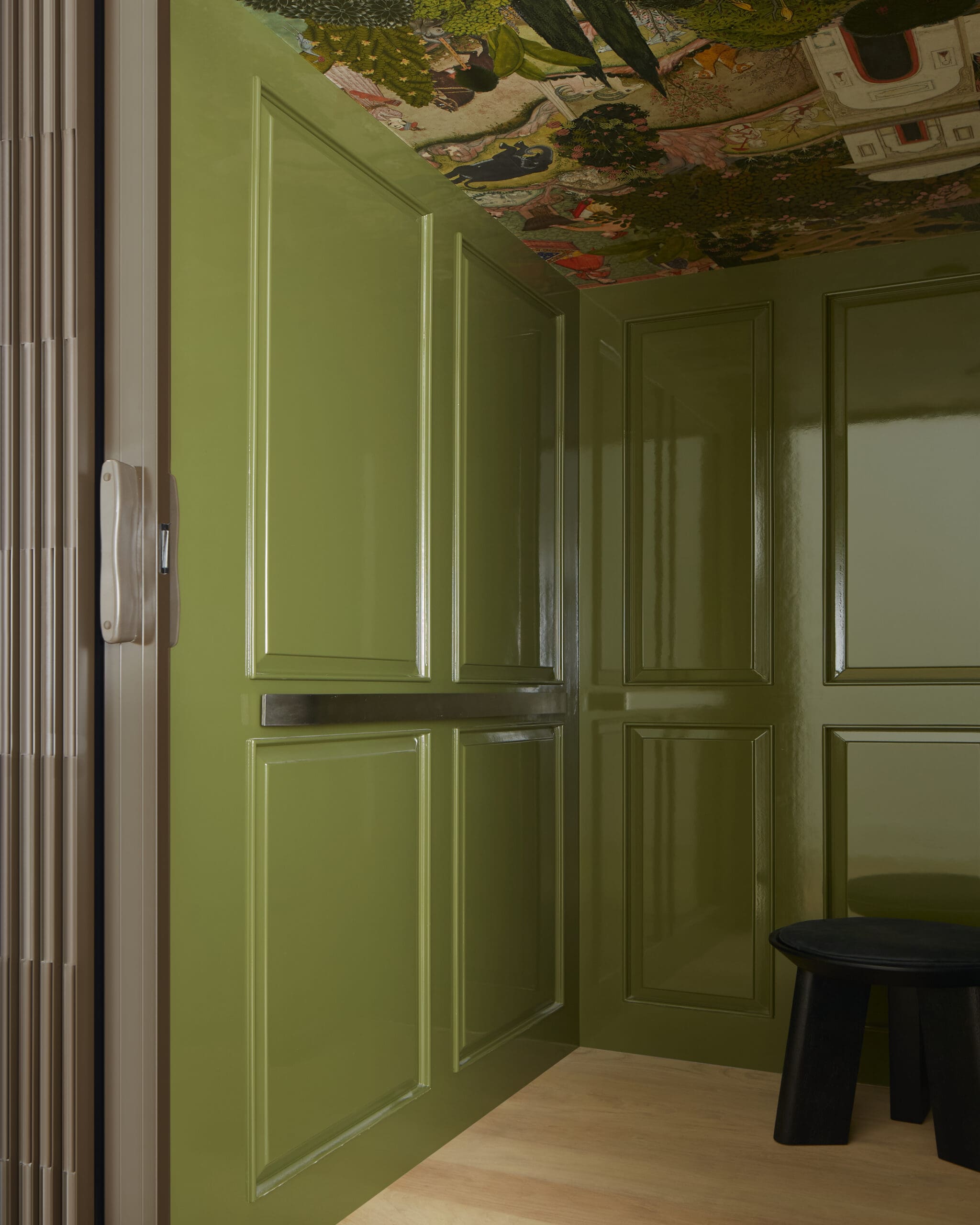Green paneled interior door with glossy finish in a room with an ornate painted ceiling above the doorway area.