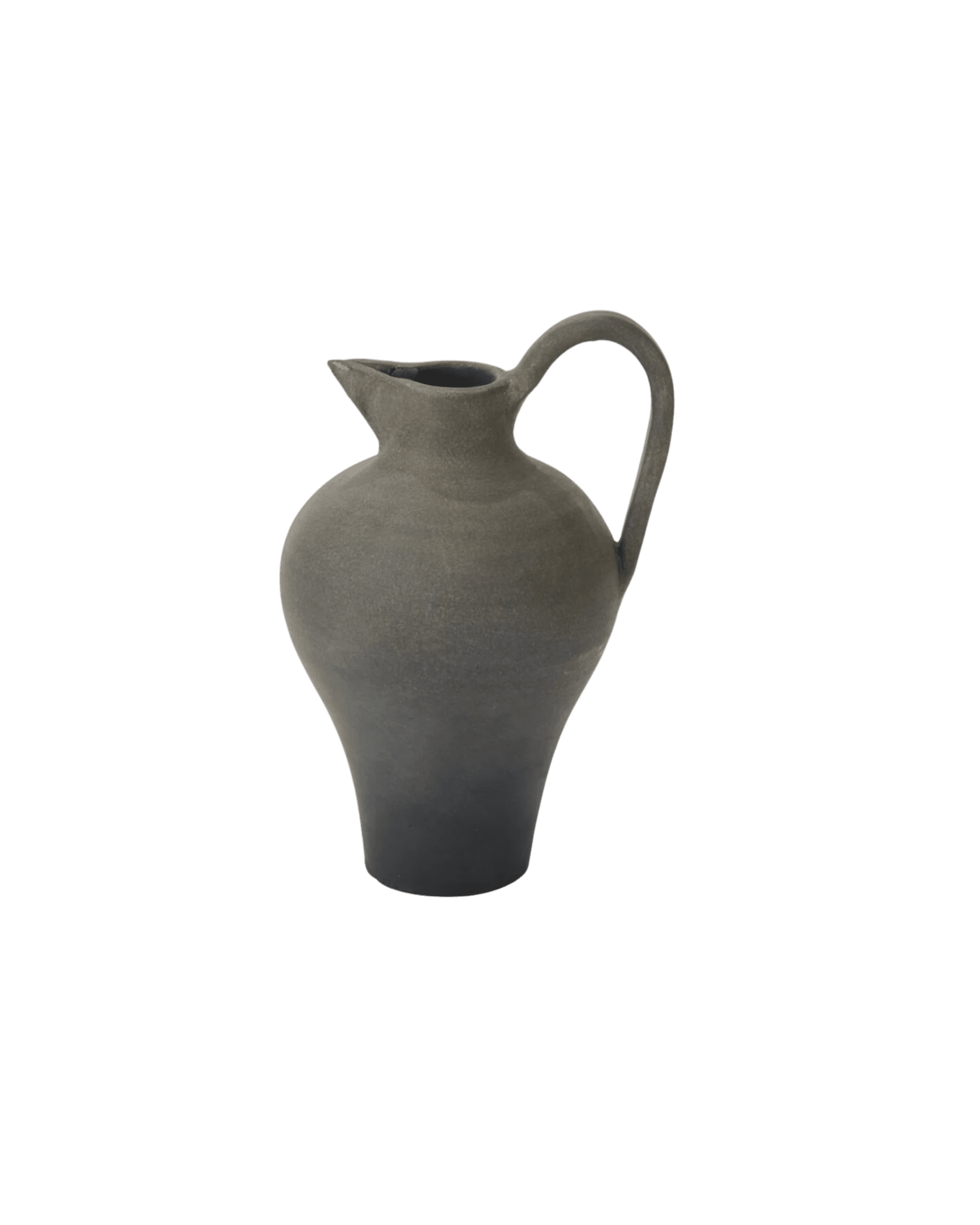 Grey ceramic pitcher with a curved handle and small spout, empty interior, against a black background.