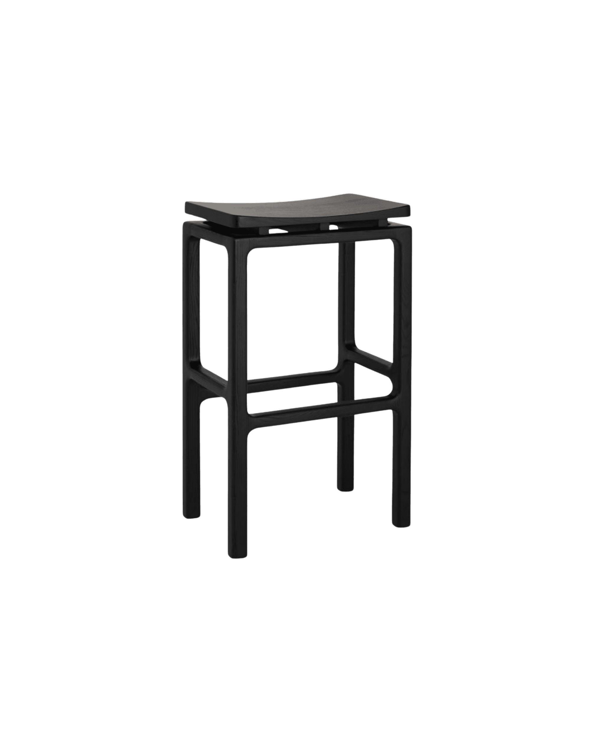 Black metal stool with a curved, contoured seat on a black background.