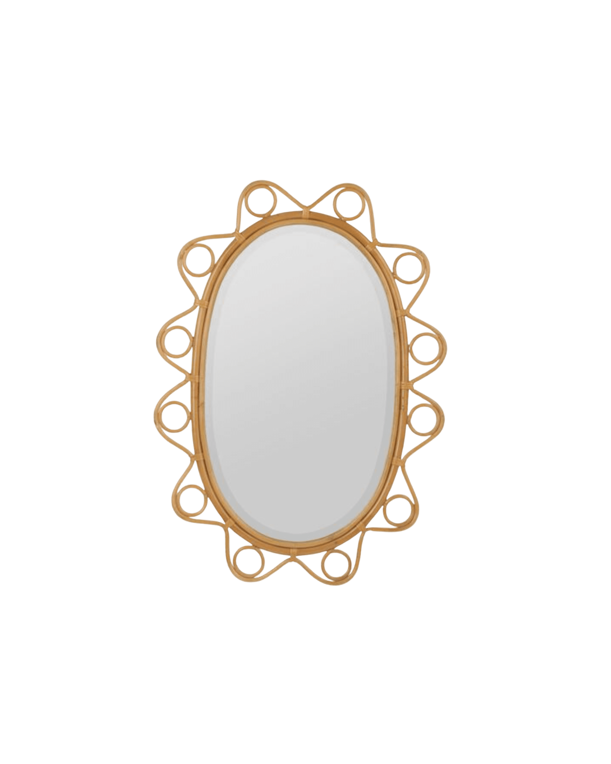 Decorative oval mirror with a woven rattan sunburst frame set against a black background