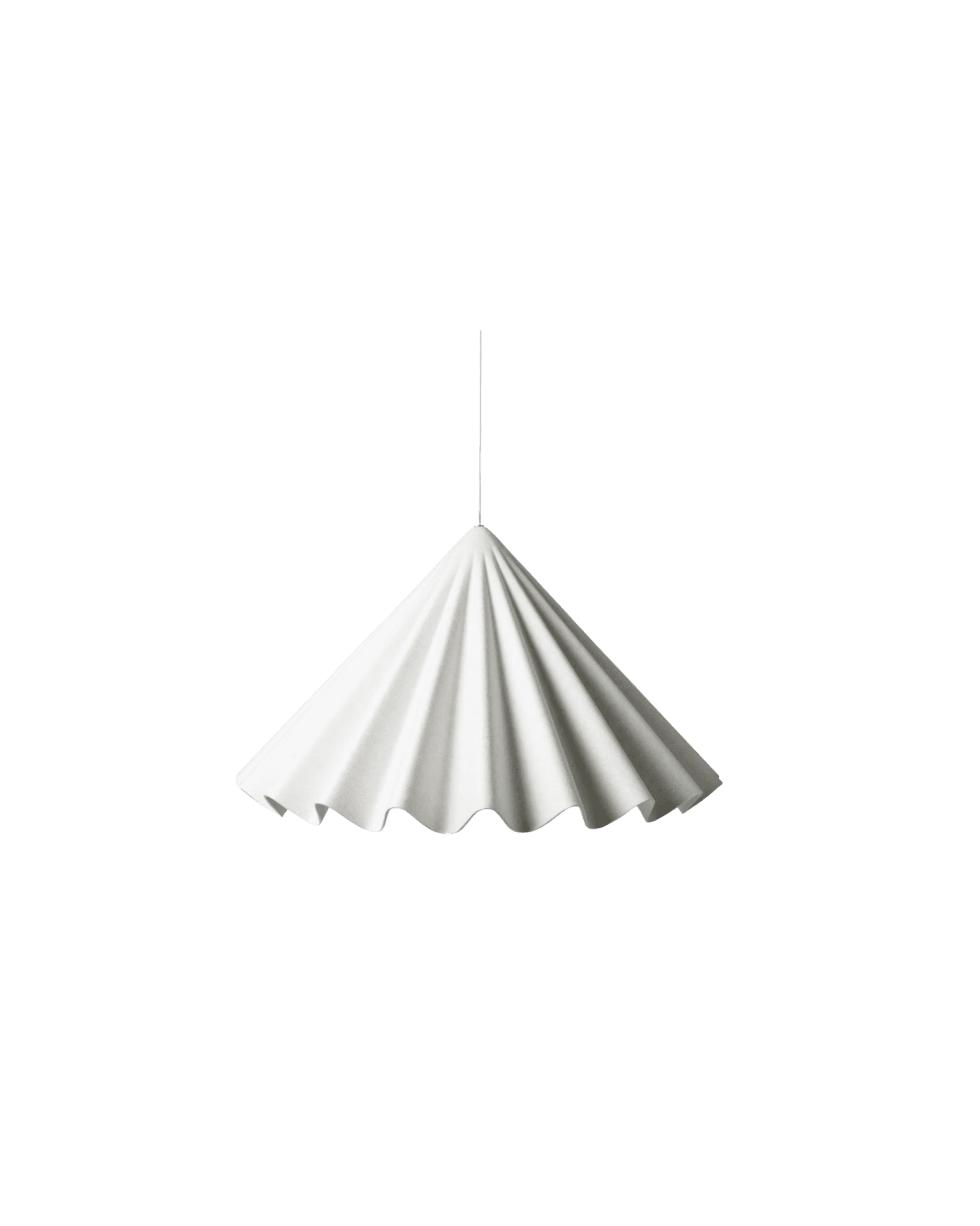 White pleated pendant lampshade hanging from a thin cord against a black background, viewed from below.