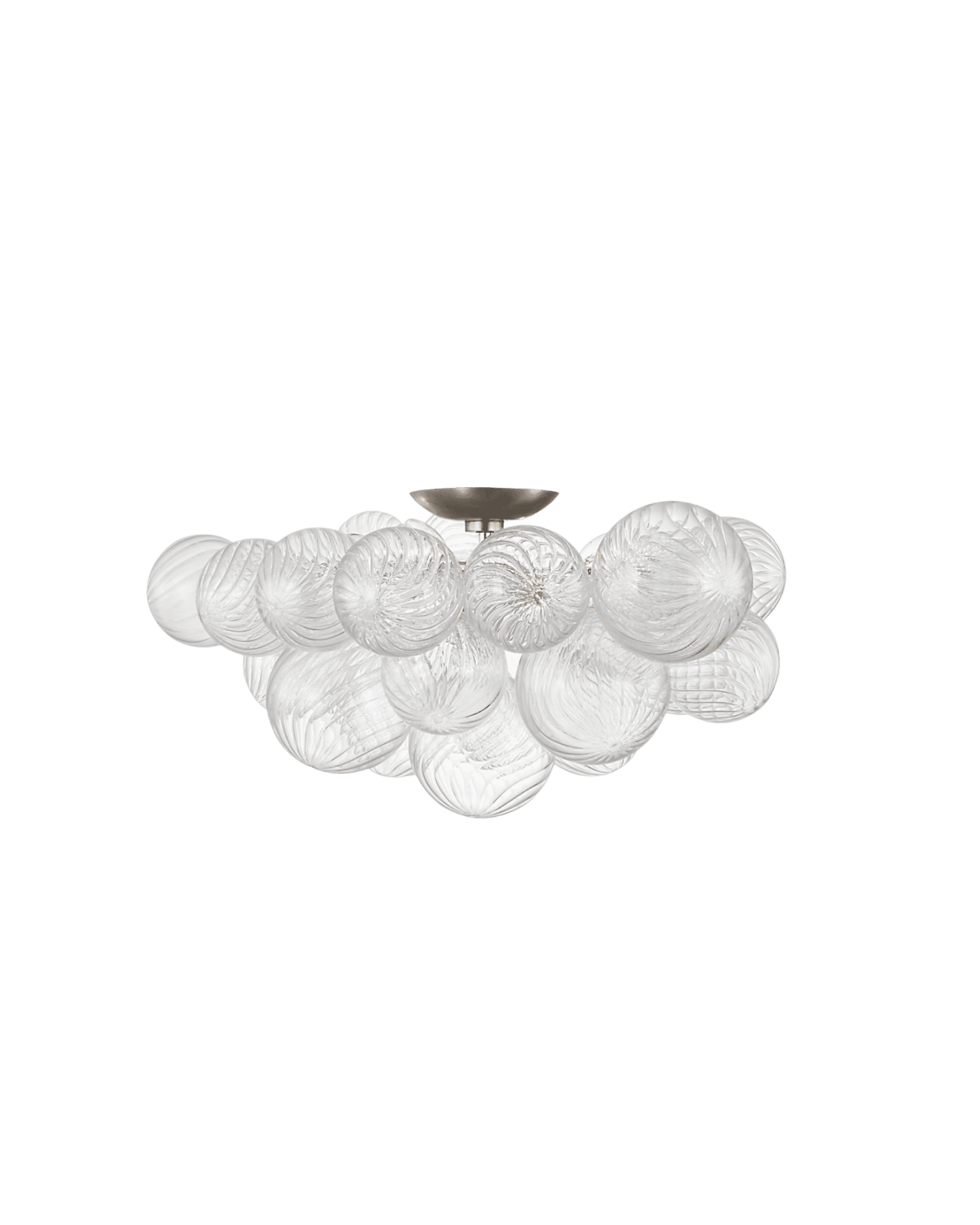 Cluster of clear glass orbs forming a chandelier hanging from a small metal canopy against a black background.