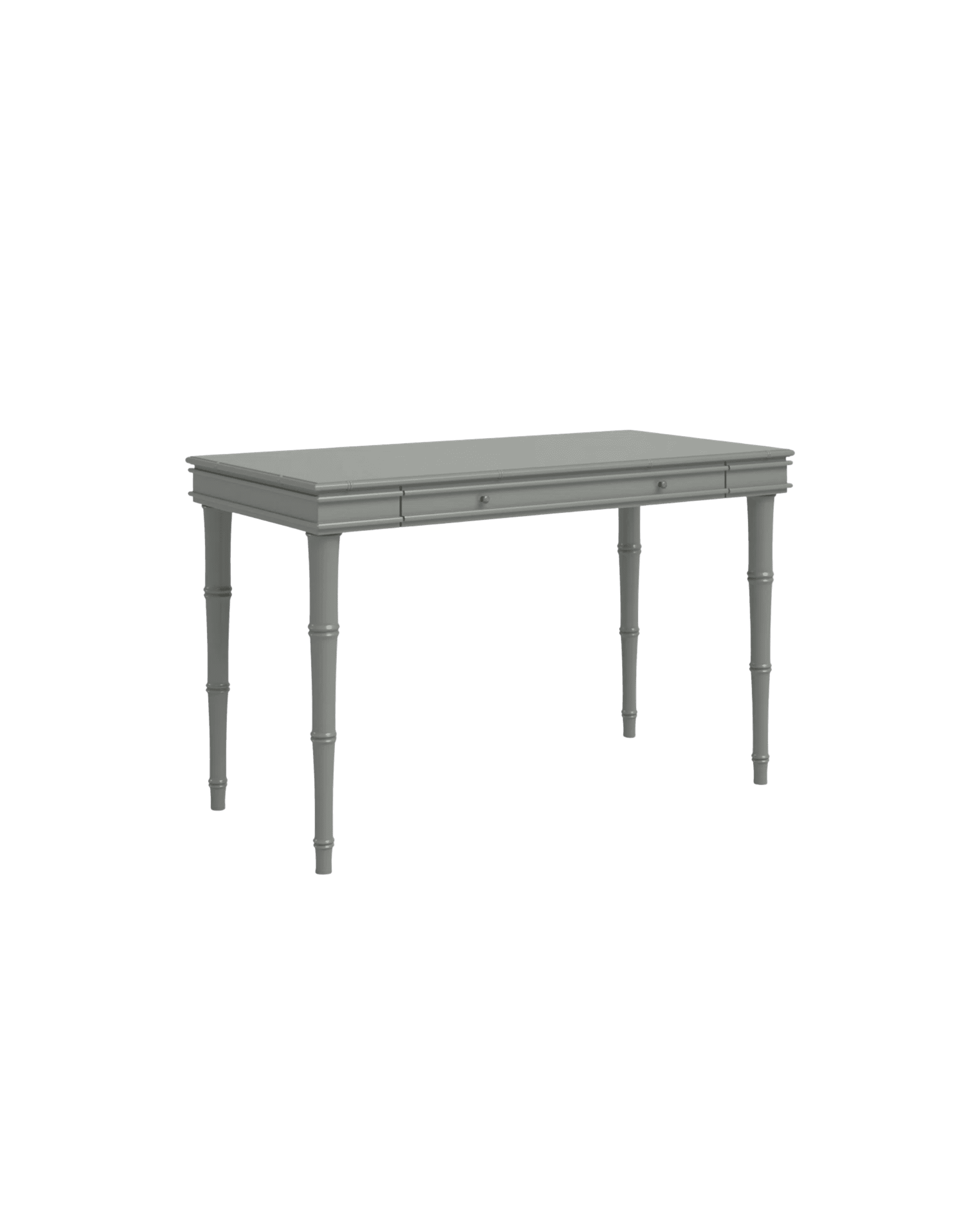 Gray wooden coffee table with three drawers and tapered turned legs, shown from a low, angled view against a black background.