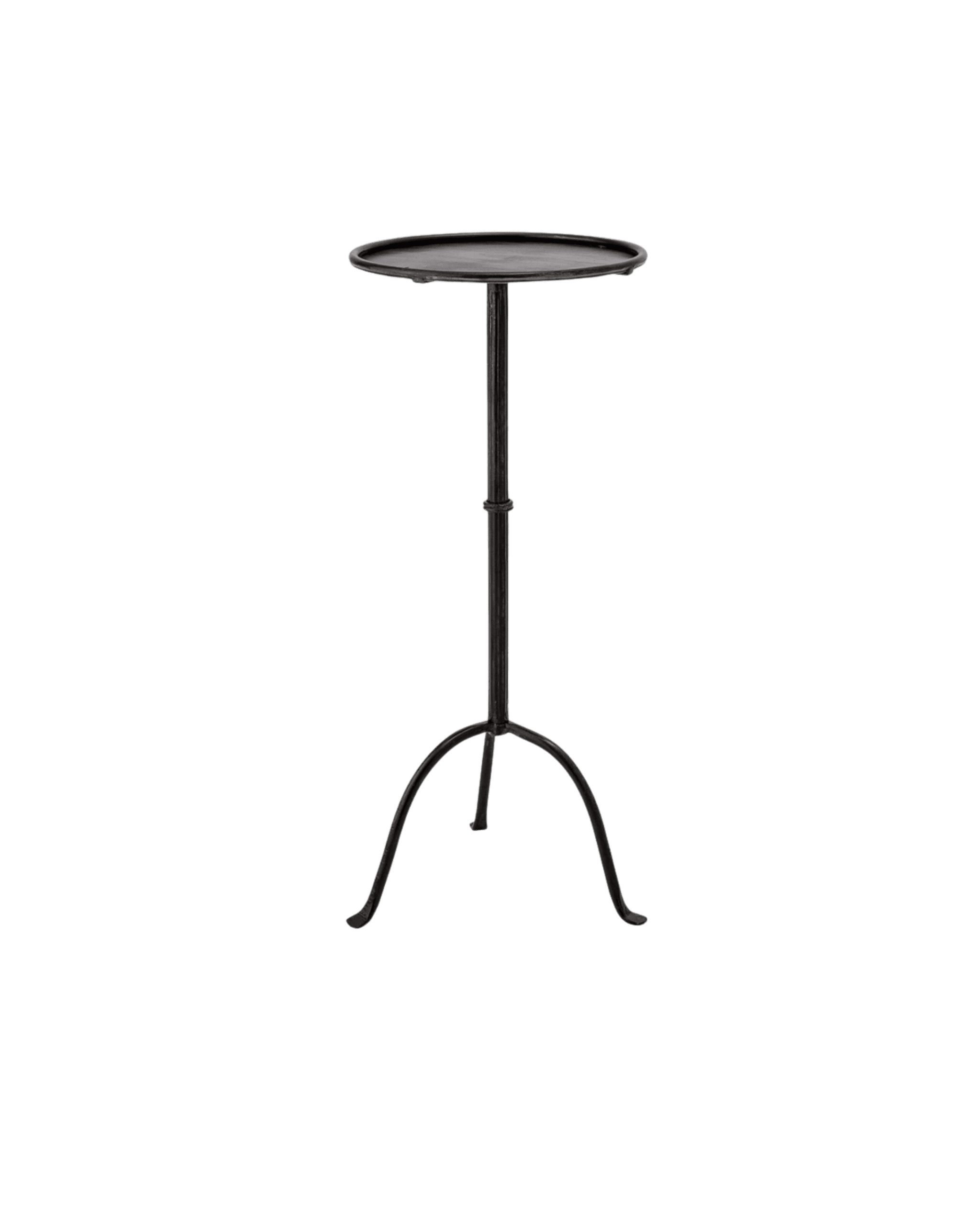 Black metal round-topped pedestal table on a tall central column with curved tripod legs, set against a black background.