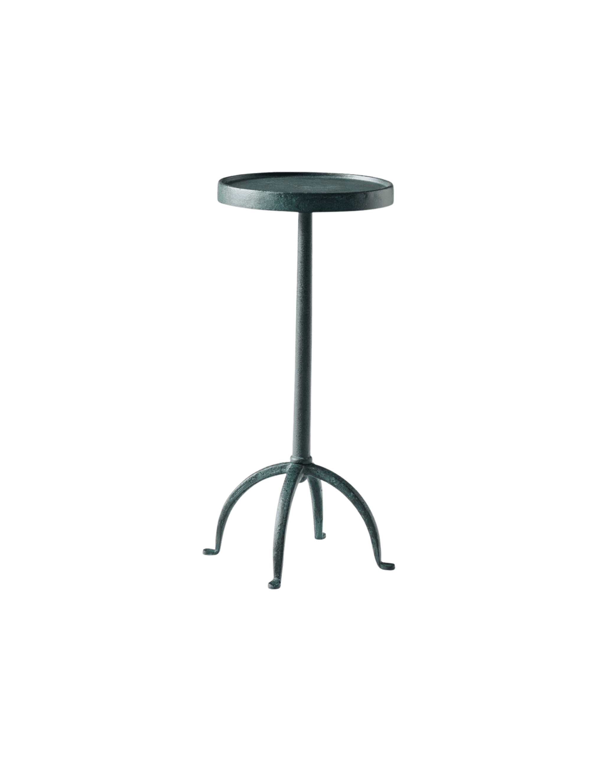 Tall, round metal bistro table with a single central column and a curved leg base, outdoor aesthetic.