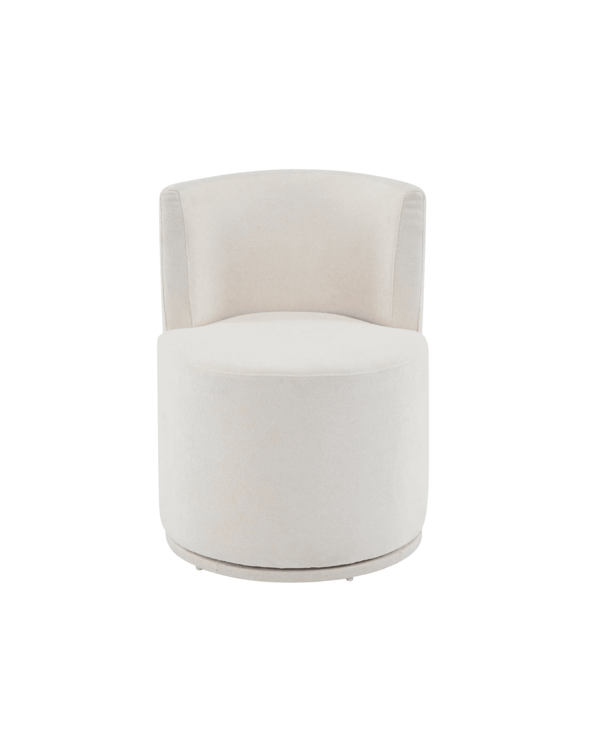 Partial white upholstered chair with a rounded back against a black background.