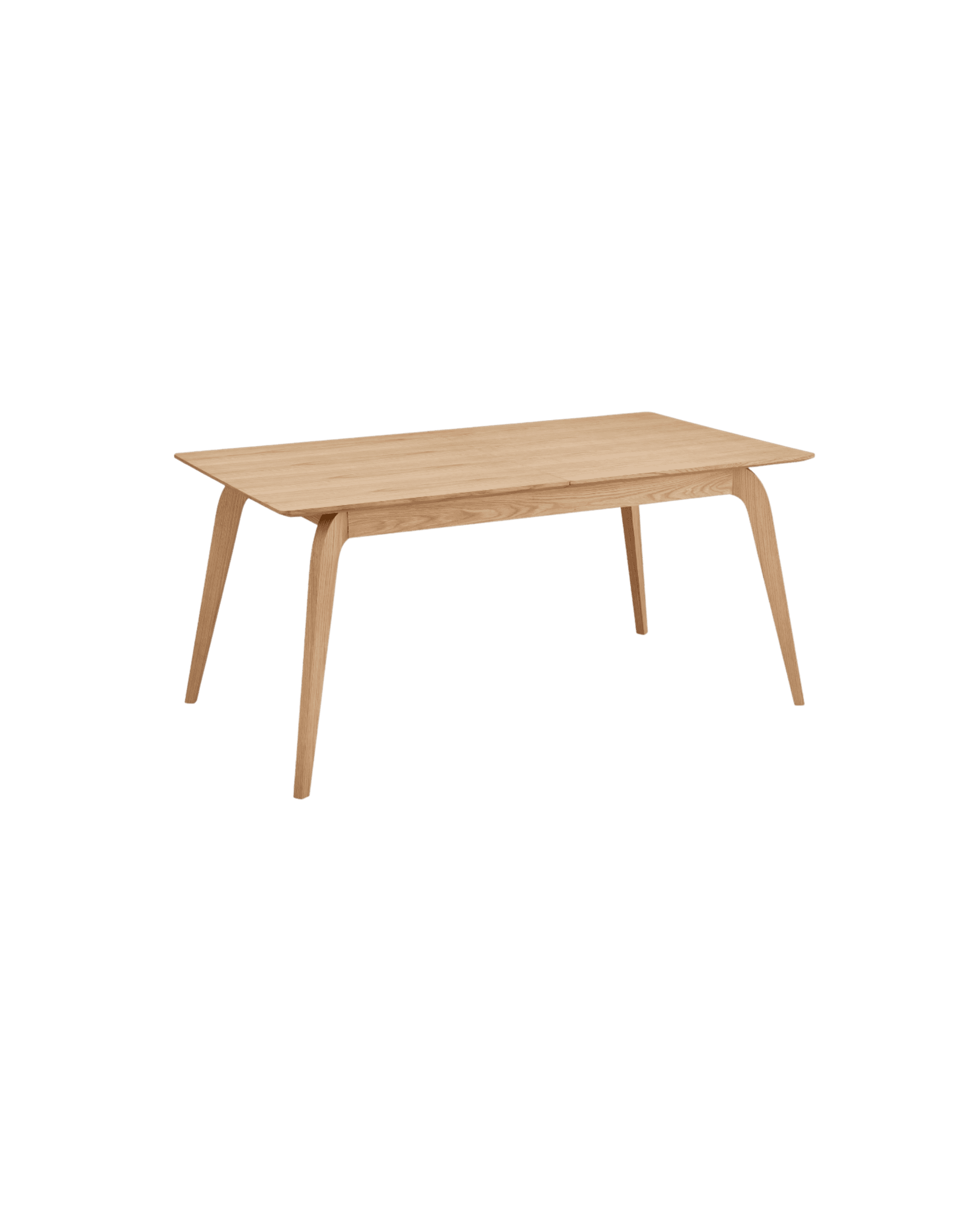 Light oak wooden table with tapered, curved legs, viewed from a low front corner against a black background