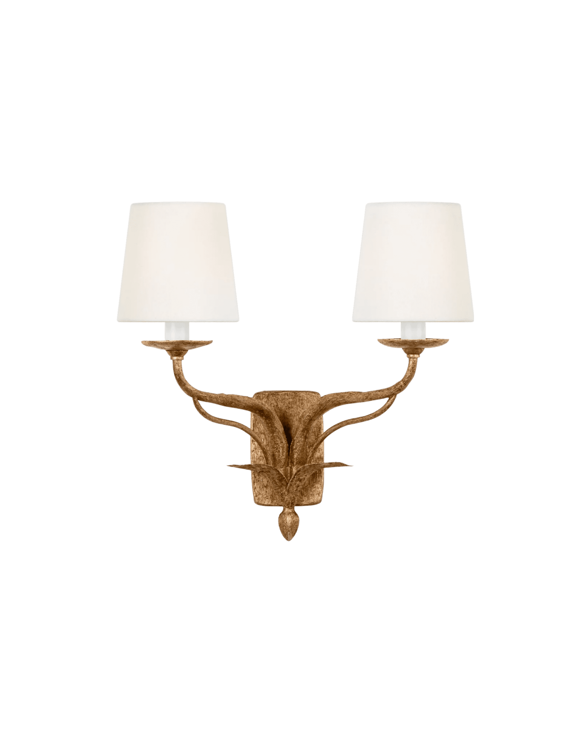 Two-arm vintage chandelier with white fabric lampshves and a bronze ornate center against a black background.