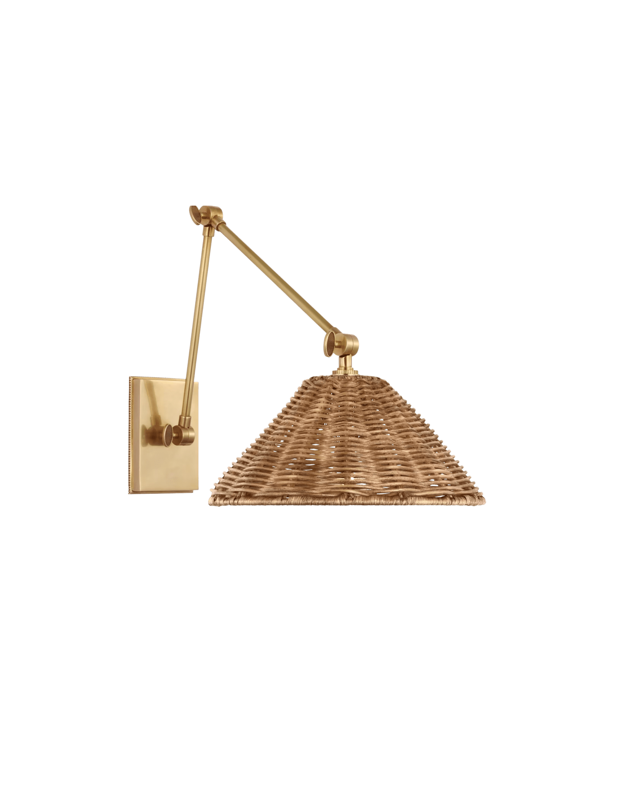 Gold-toned, adjustable wall lamp with a woven wicker lampshade against a black background