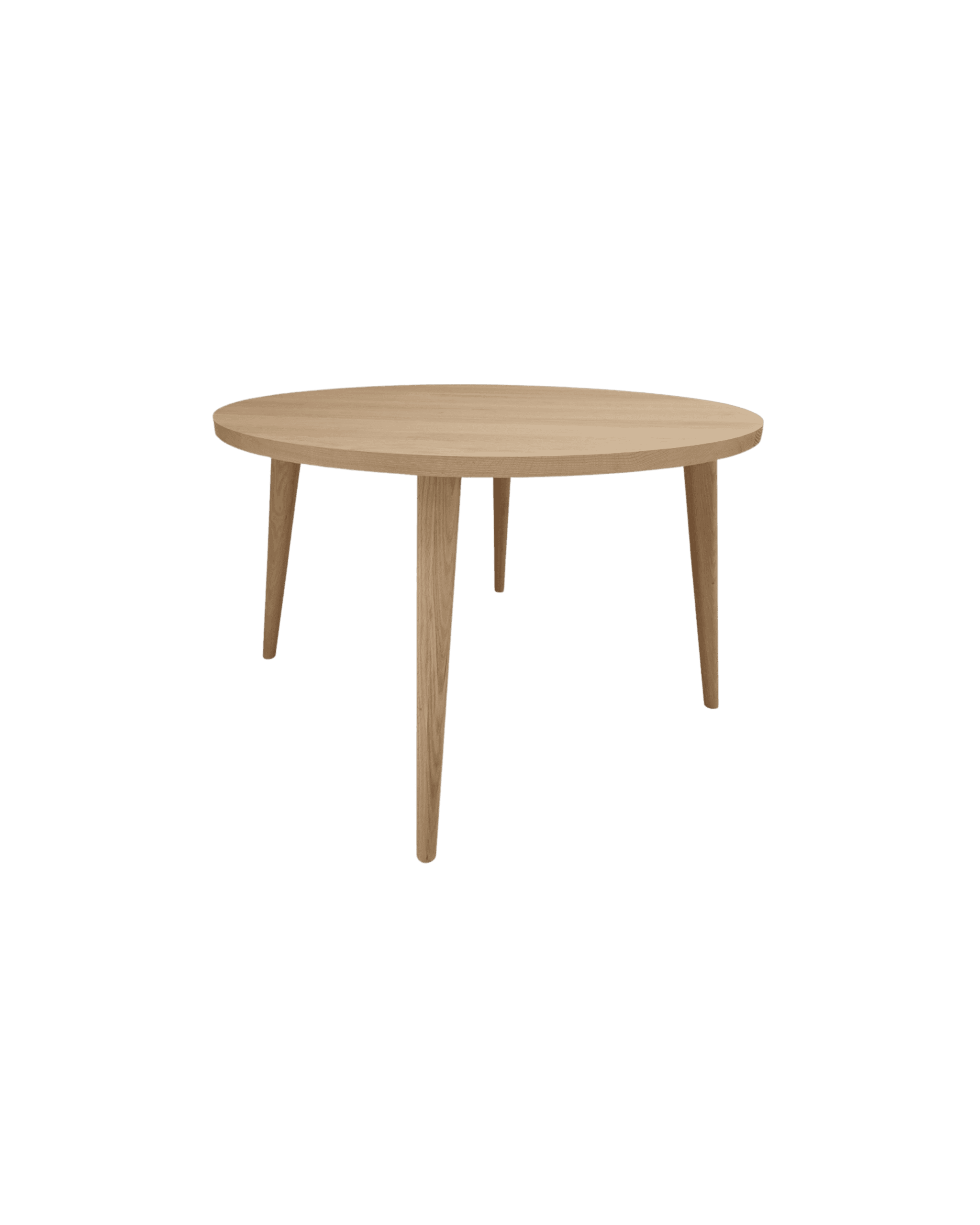 Round wooden table with a light oak finish and three visible legs against a black background.