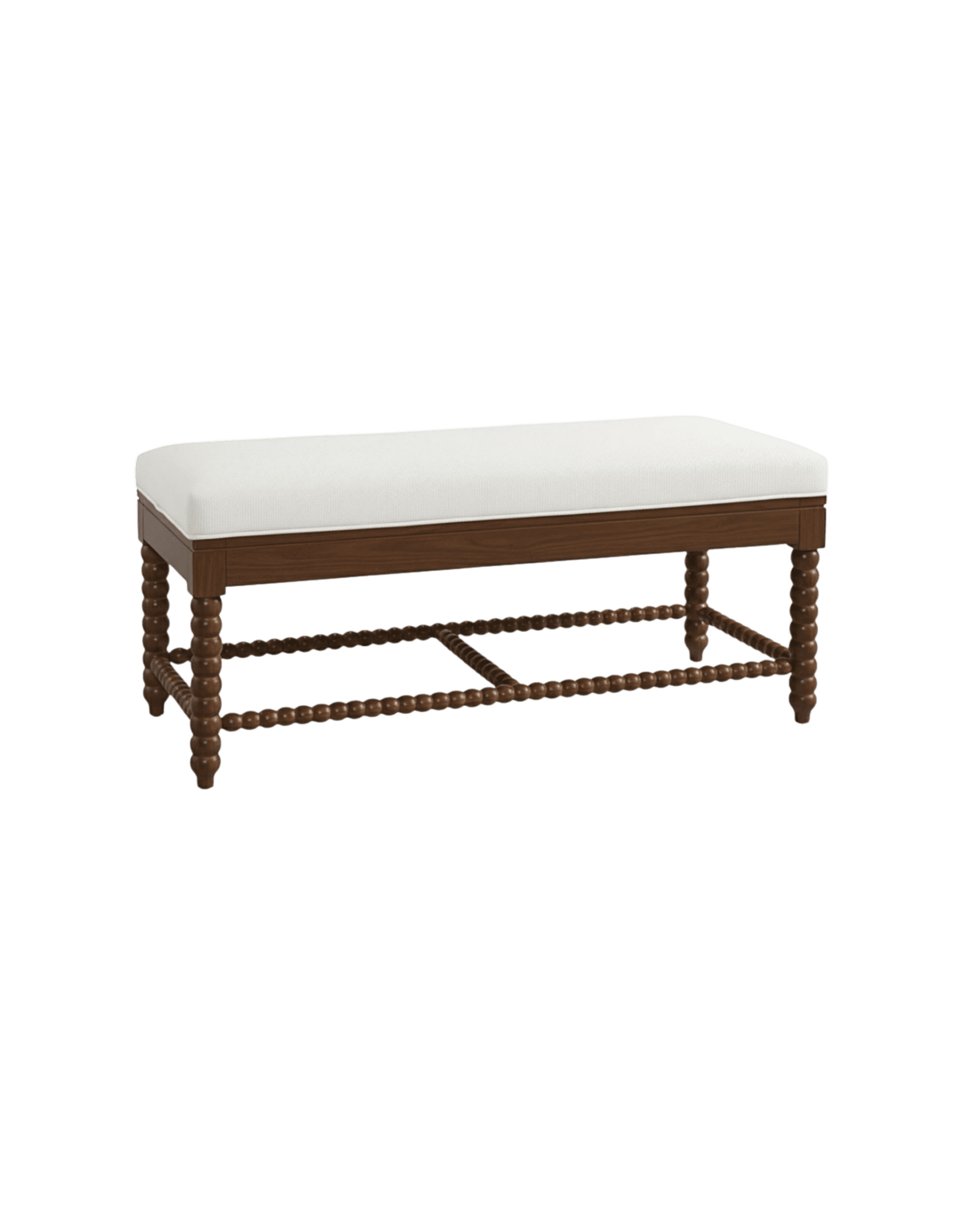 Wooden bed frame with a white mattress, shown against a black background; features turned legs and a simple rectangular base.