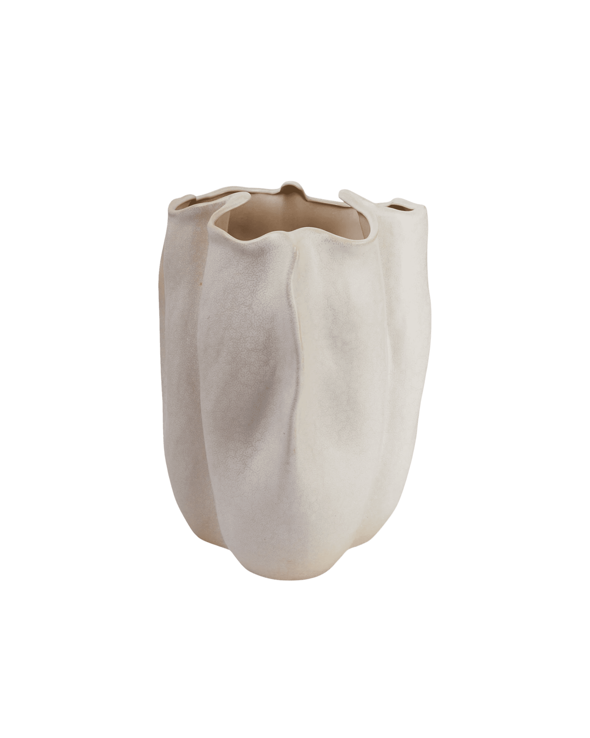 Cream-colored ceramic vase with an irregular, wavy rim and empty interior against a black background.