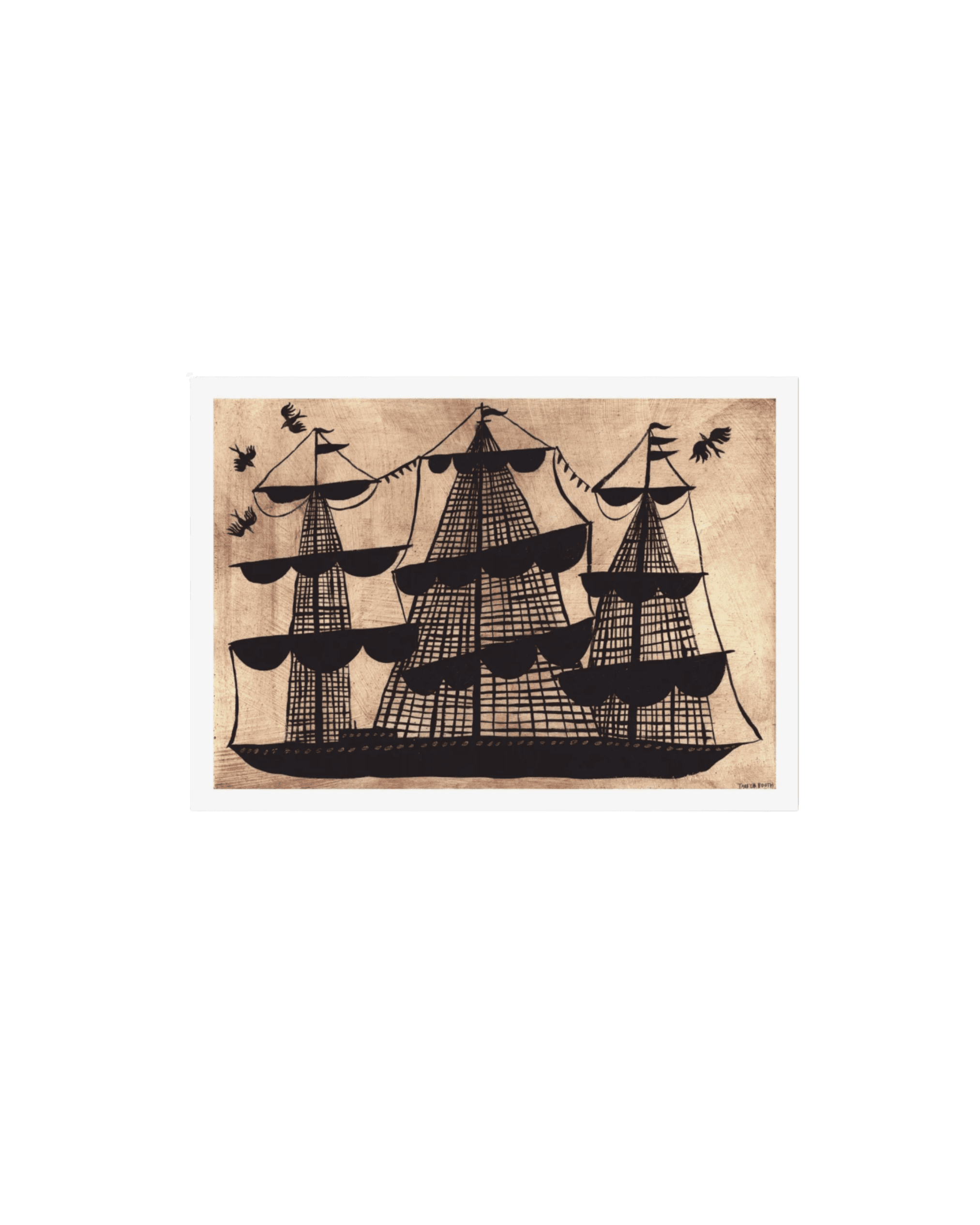 Vintage illustration of tall sailing ships with multiple masts on a parchment background