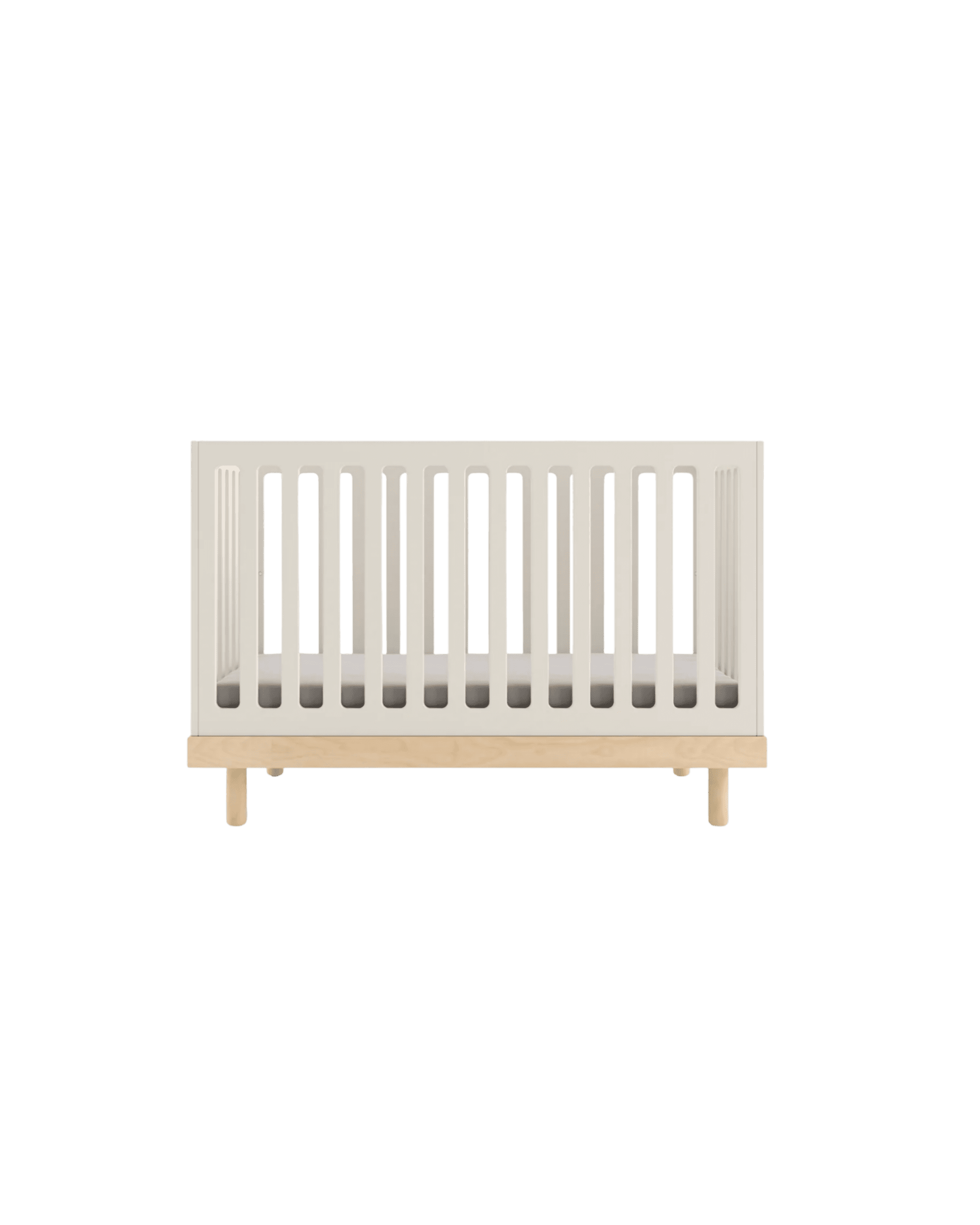 White baby crib with vertical slats on a light wooden base against a black background, shown from the front.